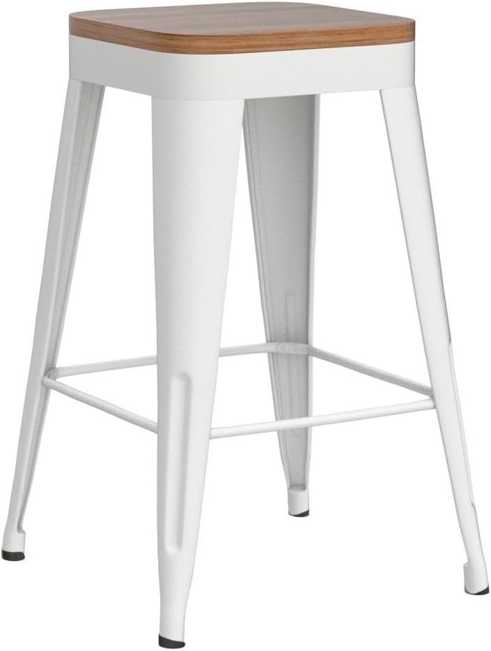 24" Black Metal Wood Seat Backless Bar Stools Set of 4