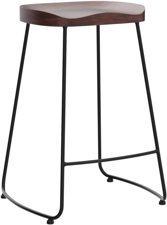 24" Walnut Saddle Seat Metal Base Bar Stools Set of 2