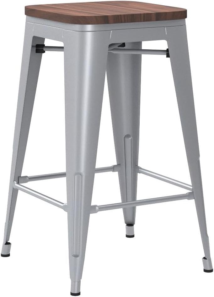 26" Silver Metal Wood Seat Stackable Bar Stools Set of 4