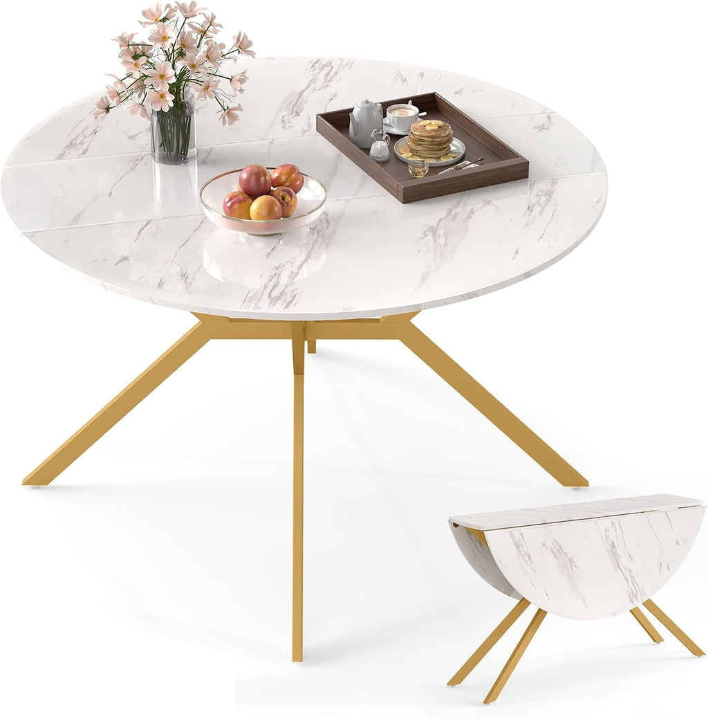 47" White Metal Frame Drop Leaf Round Dining Table Seats 4-6