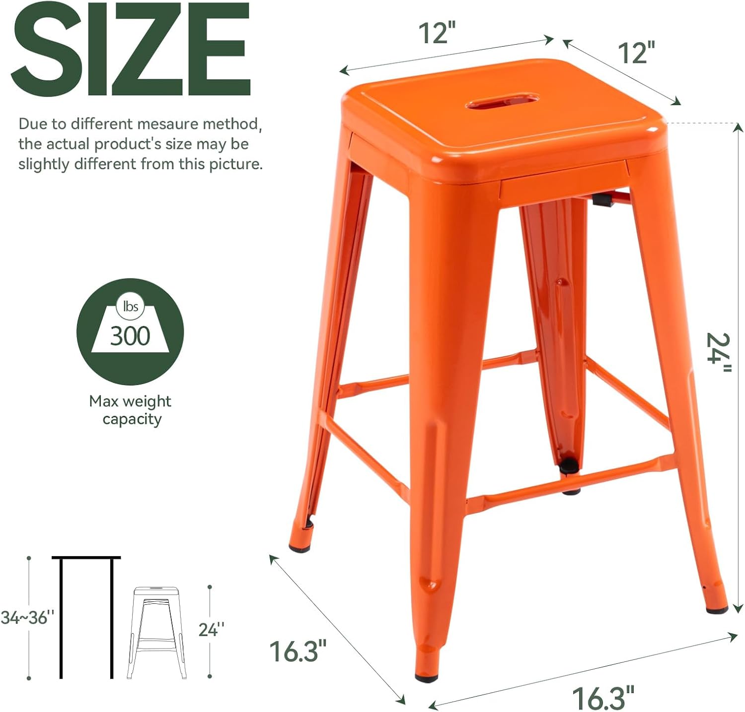 24" Orange Metal Backless Bar Stools Set of 4