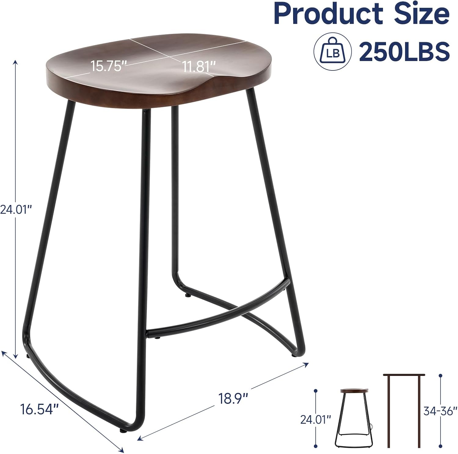 24" Walnut Saddle Seat Metal Base Bar Stools Set of 2