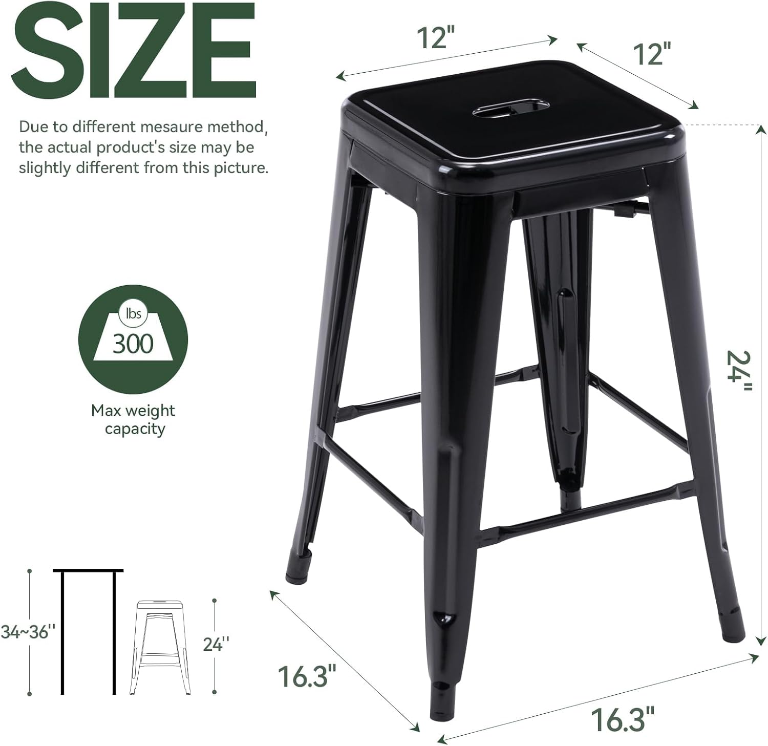 24" Black Metal Backless Bar Stools Set of 4