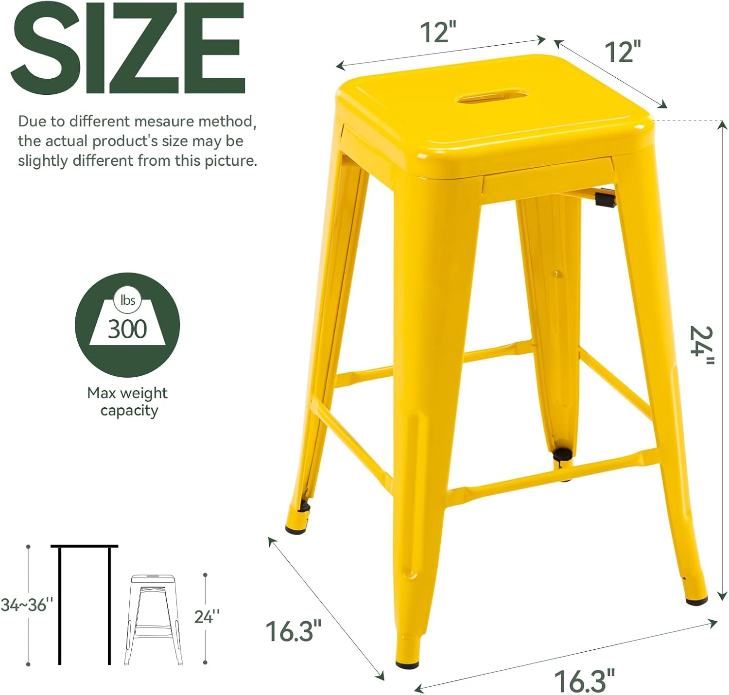 24" Yellow Square Seat Metal Bar Stools Set of 2