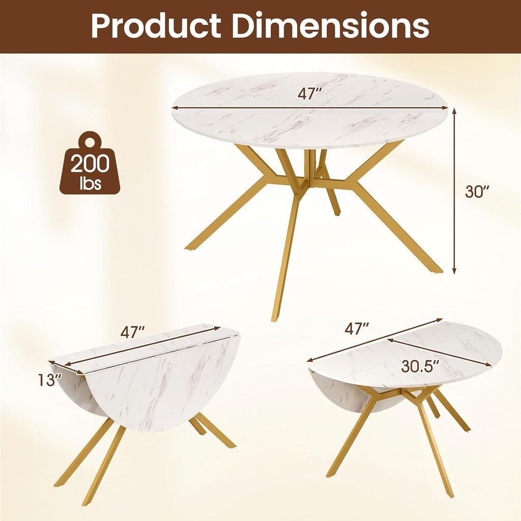 47" White Metal Frame Drop Leaf Round Dining Table Seats 4-6