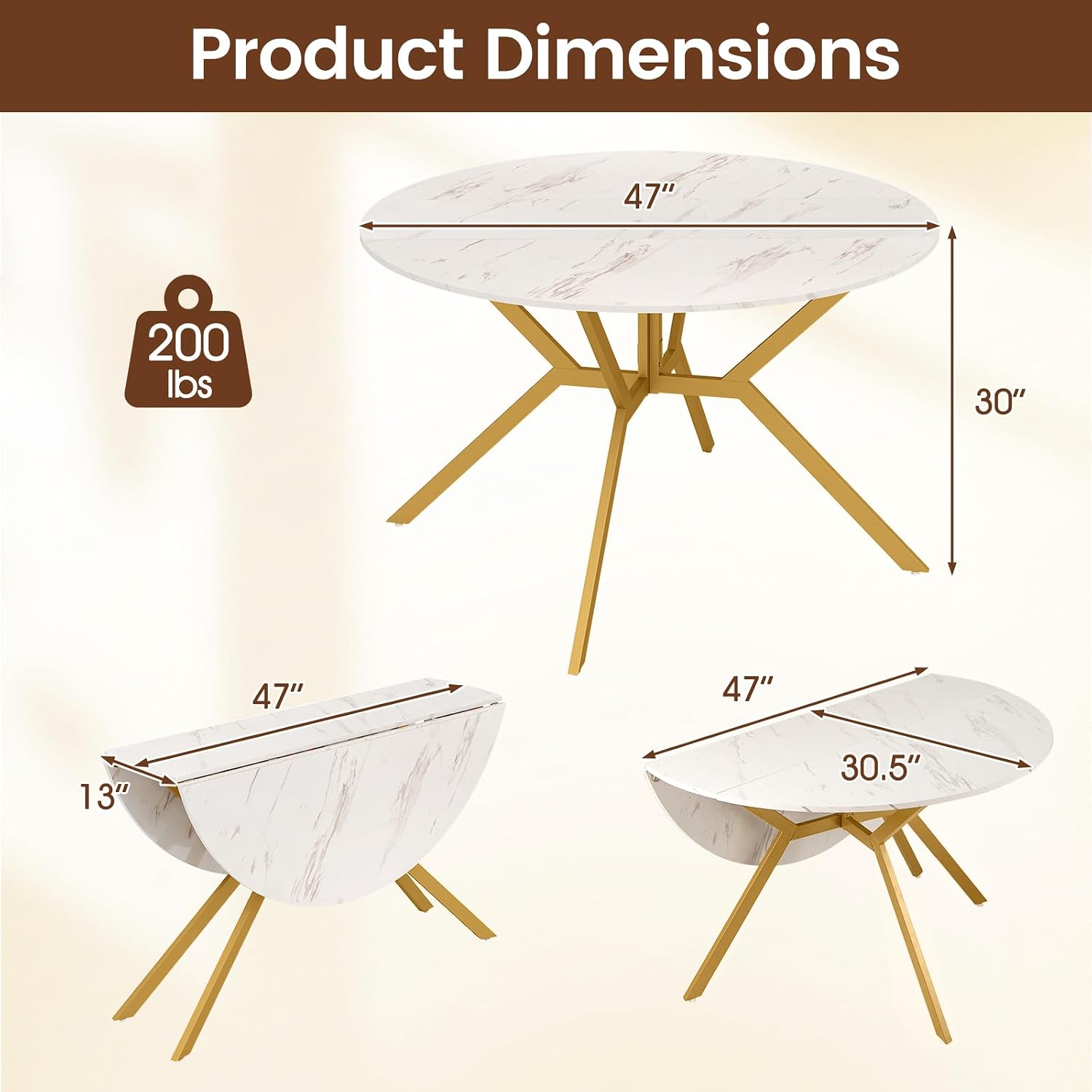 47" White Metal Frame Drop Leaf Round Dining Table Seats 4-6