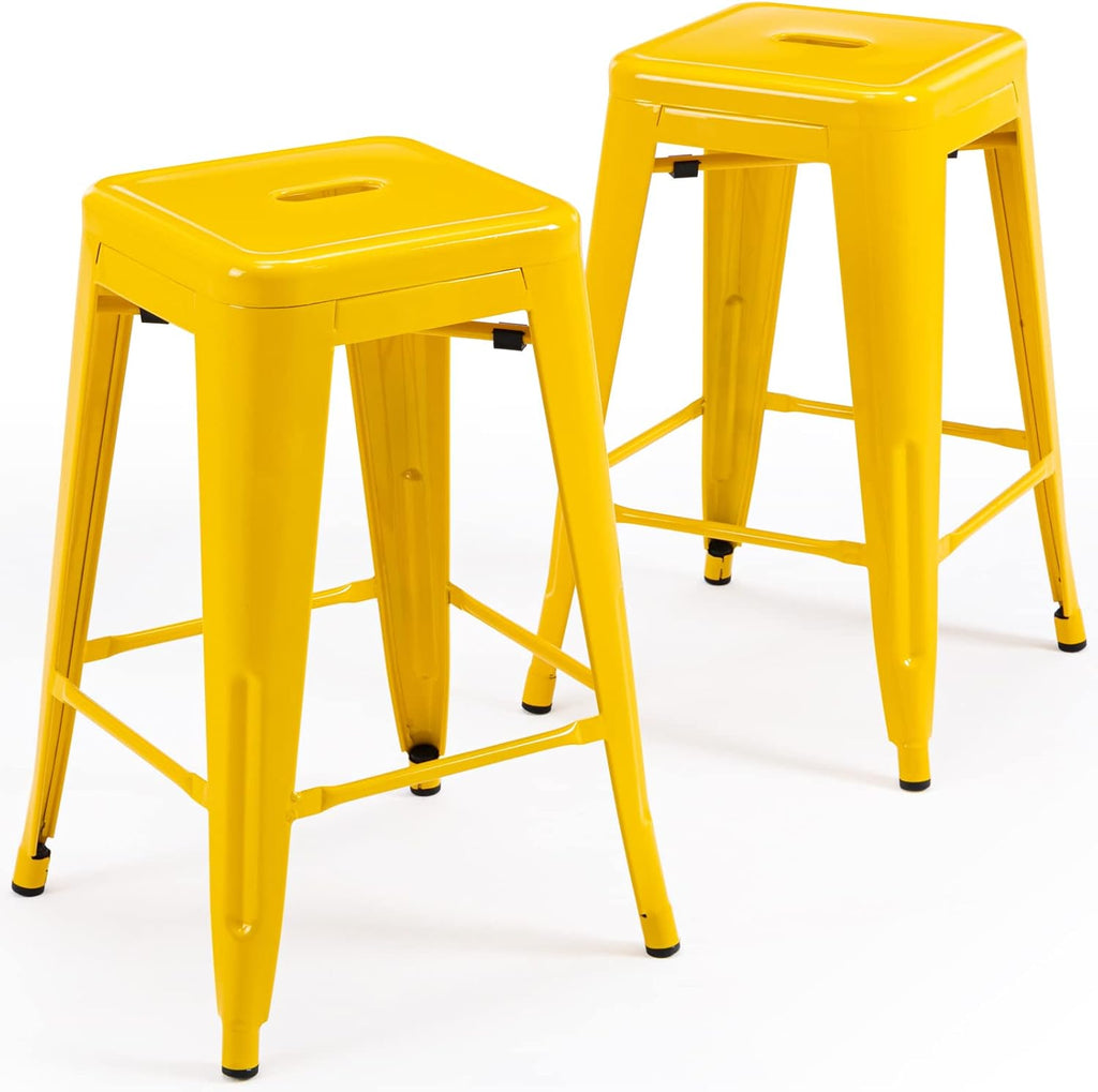 24" Yellow Square Seat Metal Bar Stools Set of 2