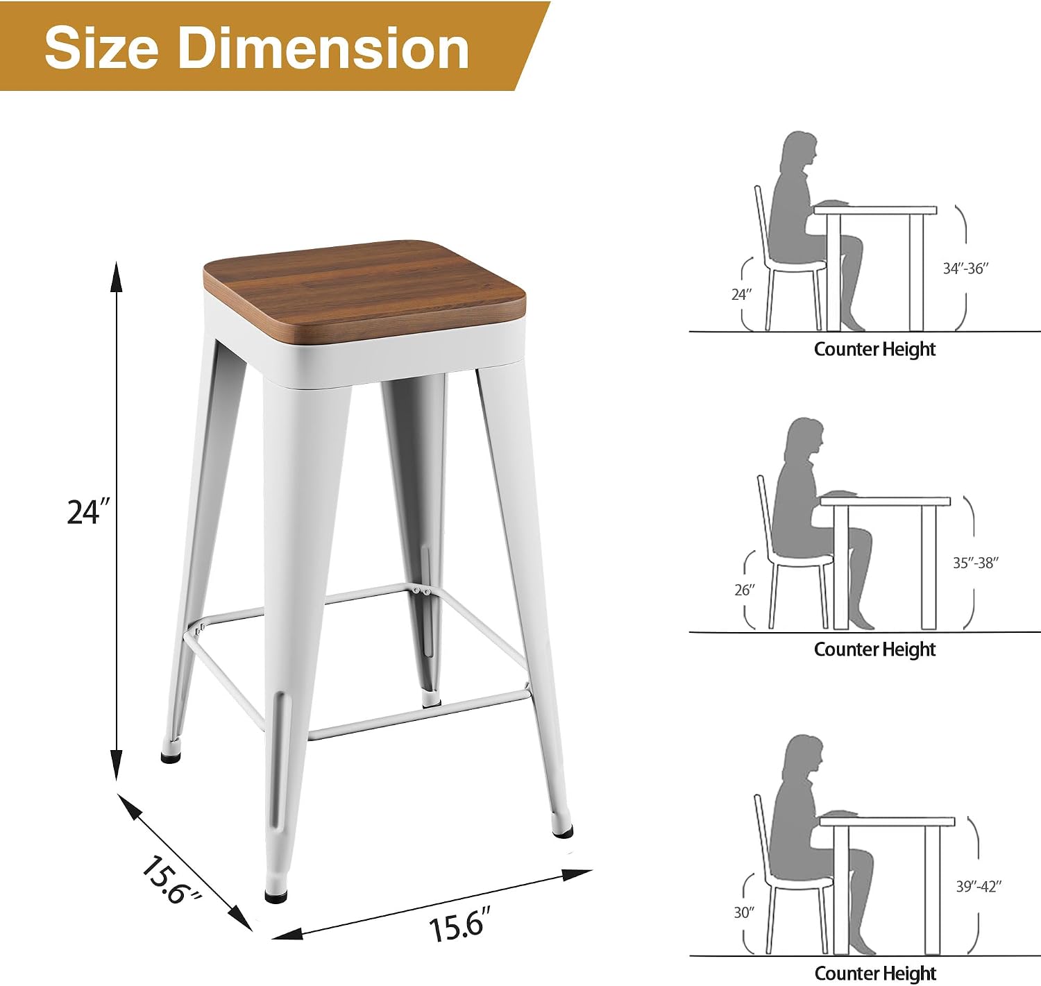 24" Black Metal Wood Seat Backless Bar Stools Set of 4