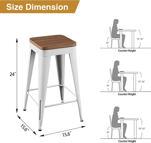 24" Black Metal Wood Seat Backless Bar Stools Set of 4