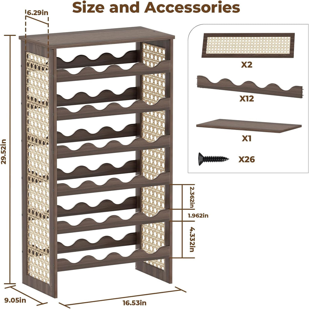 24 Bottle Pine Rattan Freestanding Wine Rack