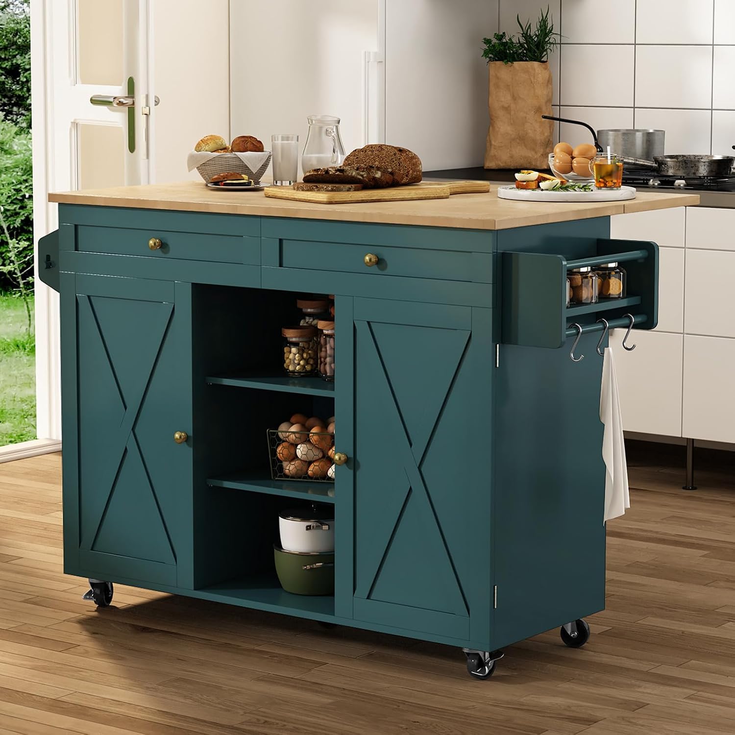 Dark Green Rolling Barn Door Kitchen Island Cart