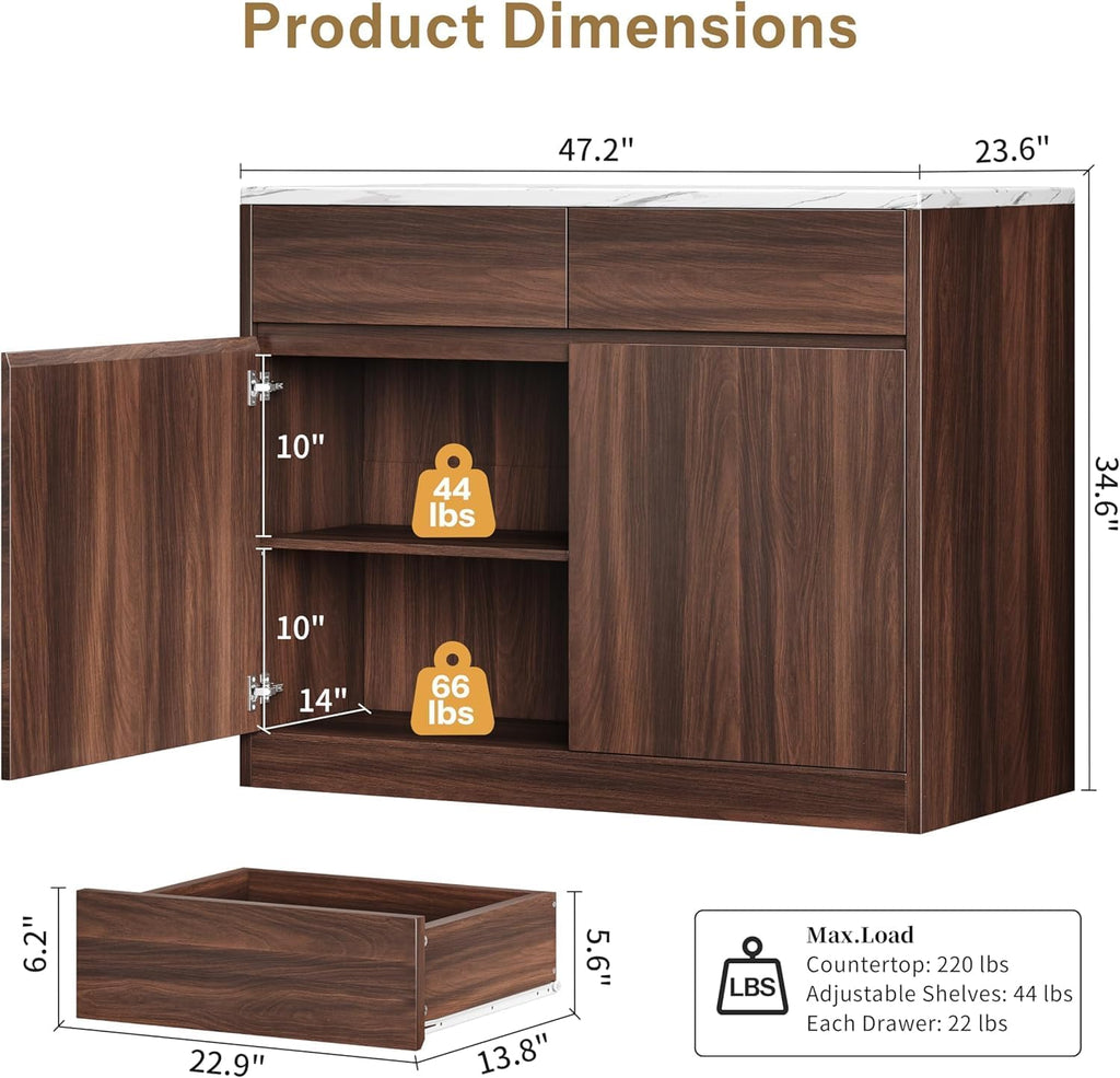47.2" Walnut Faux Marble Kitchen Island