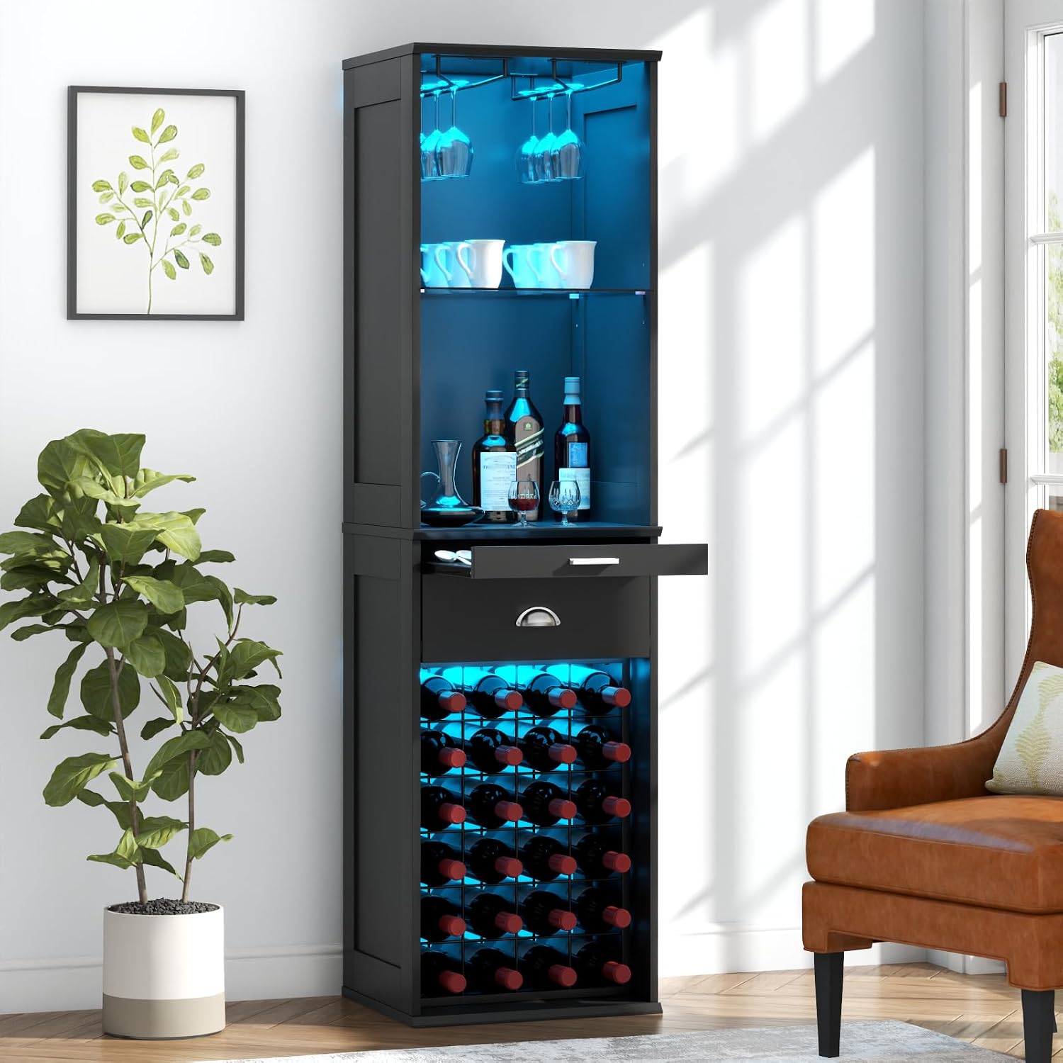 65" Black LED Wine Coffee Bar Cabinet