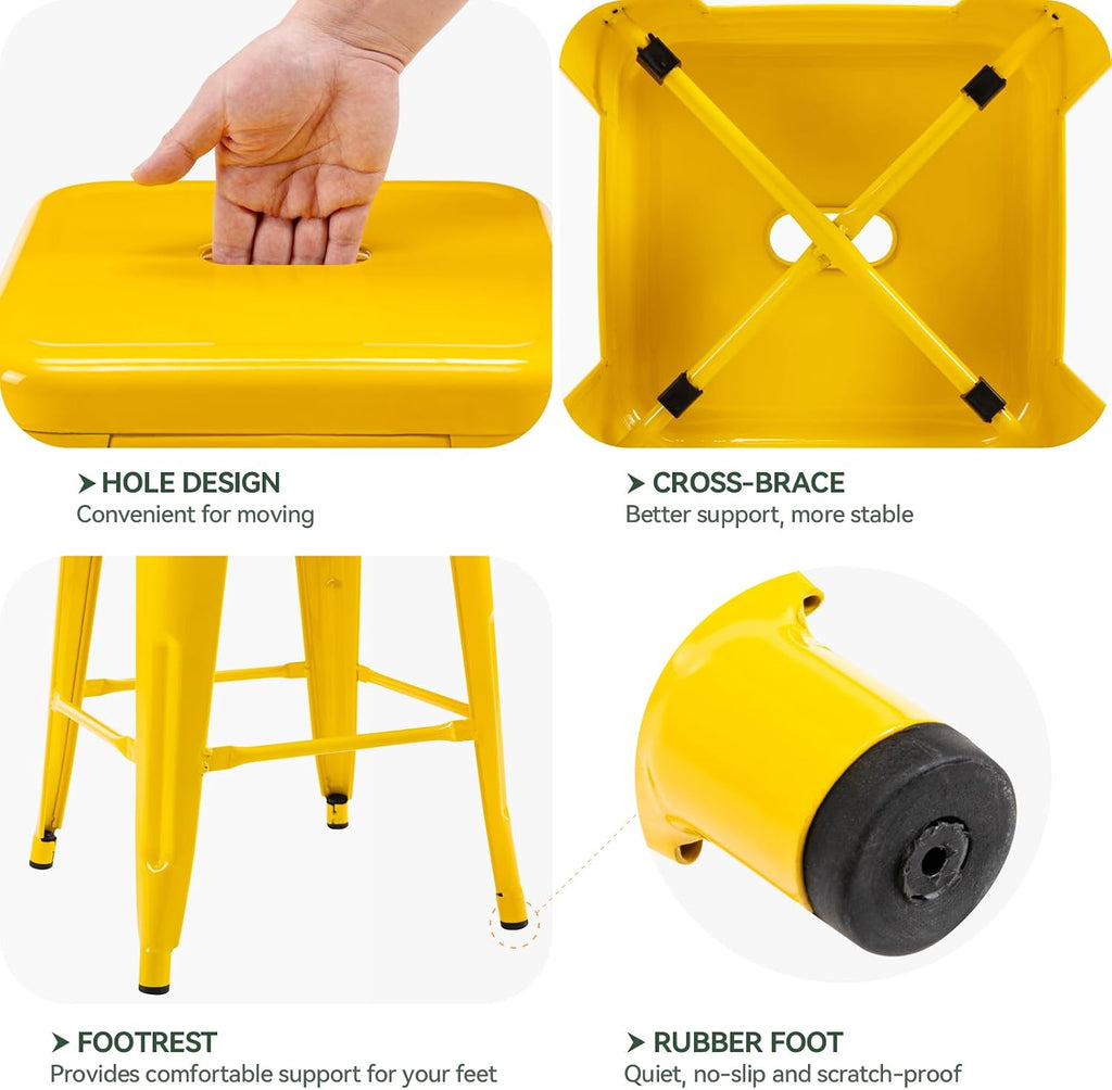 24" Yellow Square Seat Metal Bar Stools Set of 2