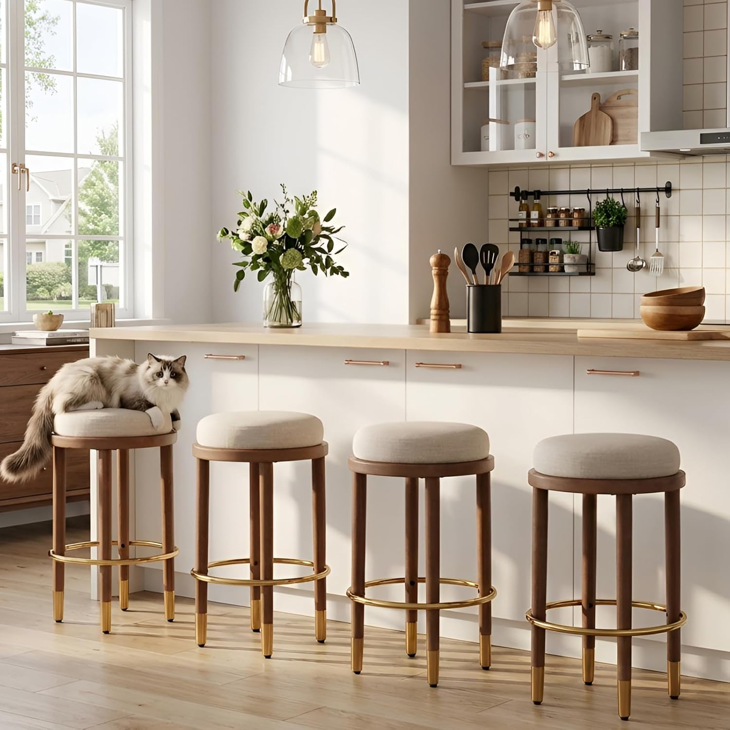 26" Beige Linen Round Farmhouse Bar Stools Set of 2