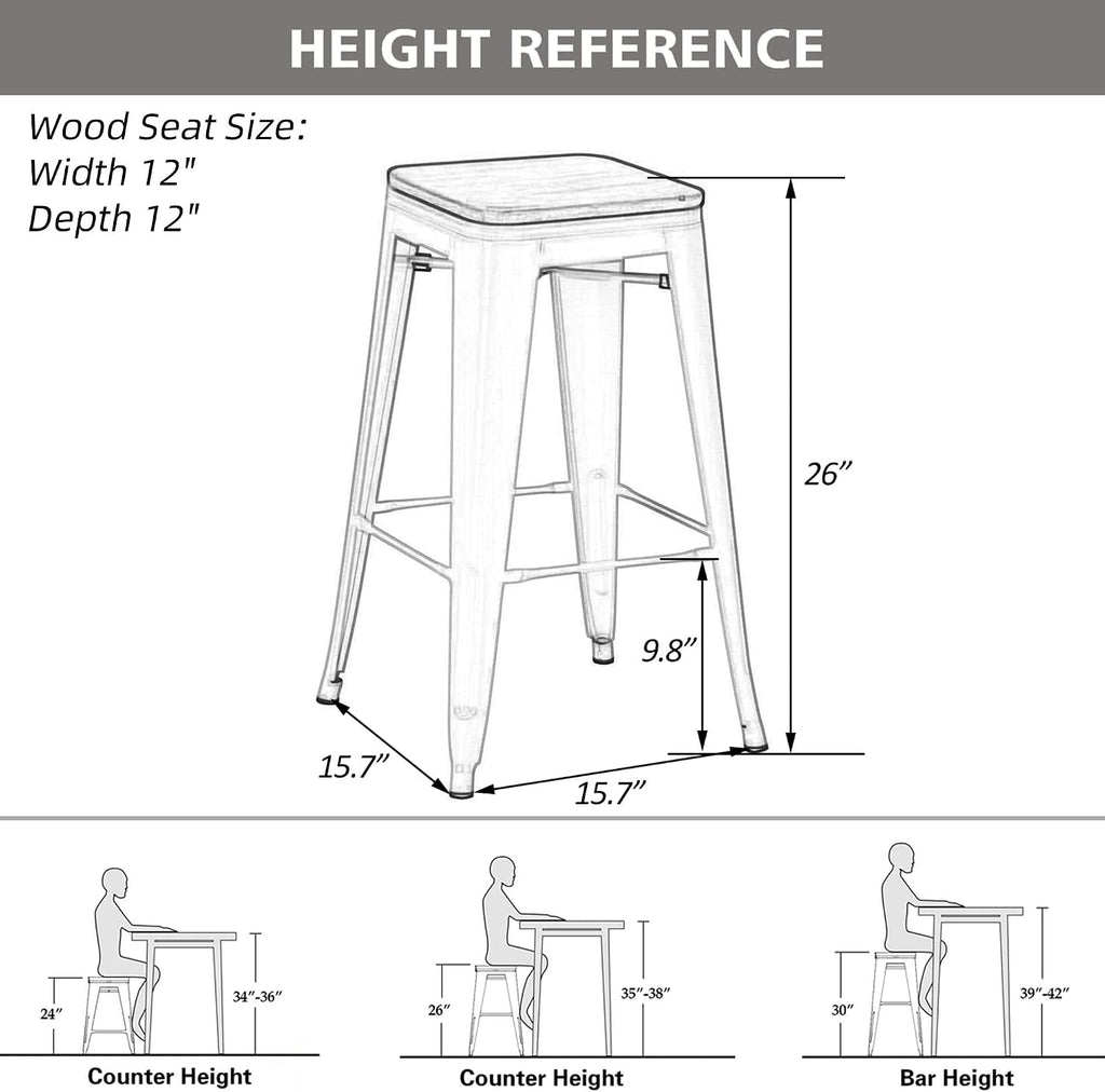 26" Silver Metal Wood Seat Stackable Bar Stools Set of 4