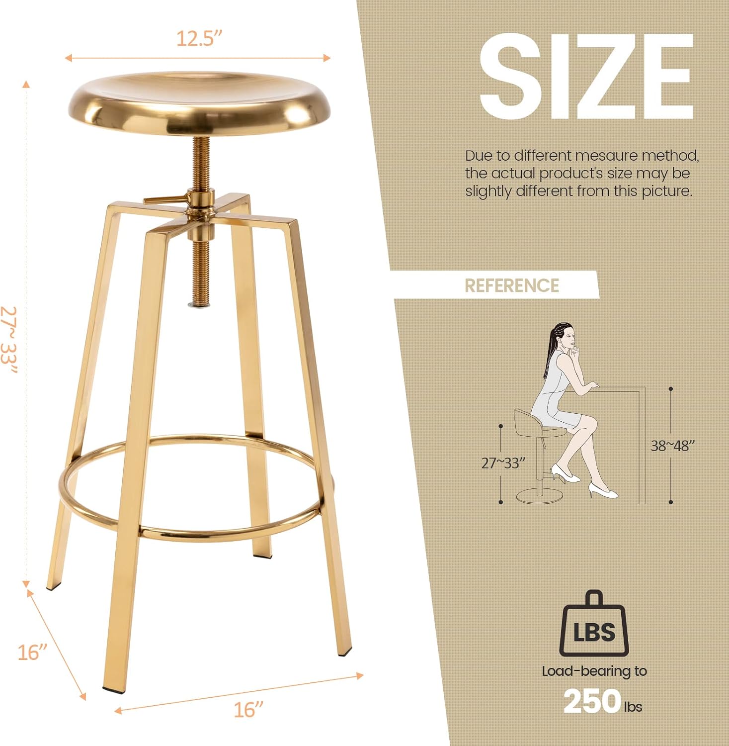 Gold Adjustable Swivel Metal Bar Stools Set of 2