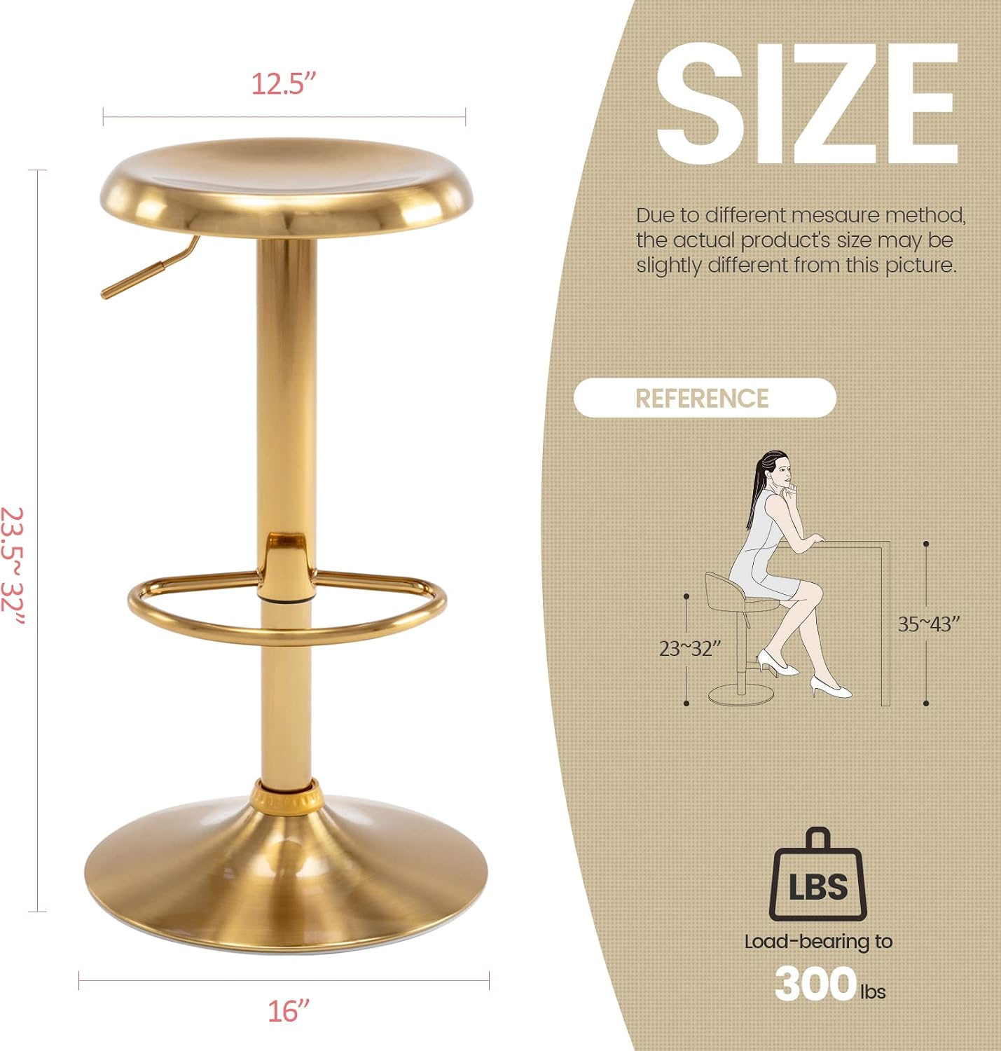 Gold Adjustable Swivel Round Bar Stools Set of 2