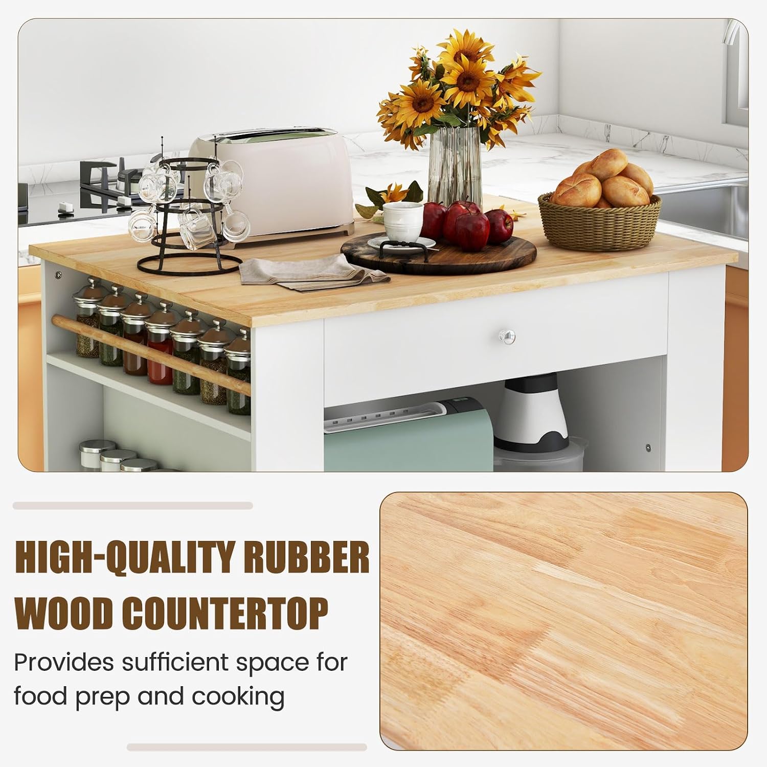 Rubberwood Top Storage Kitchen Island Cabinet