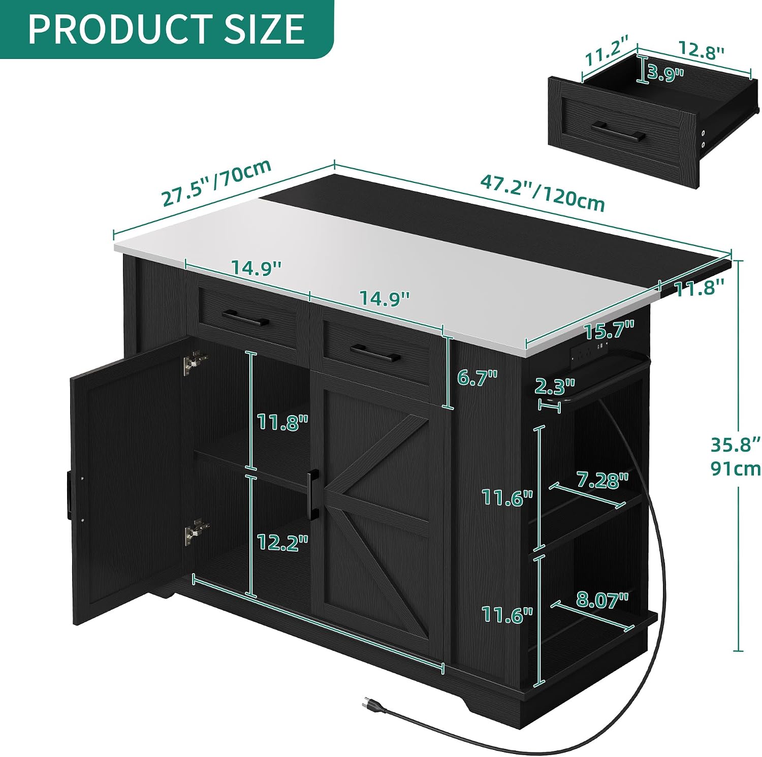 47" Black Rolling Kitchen Island with Drop Leaf