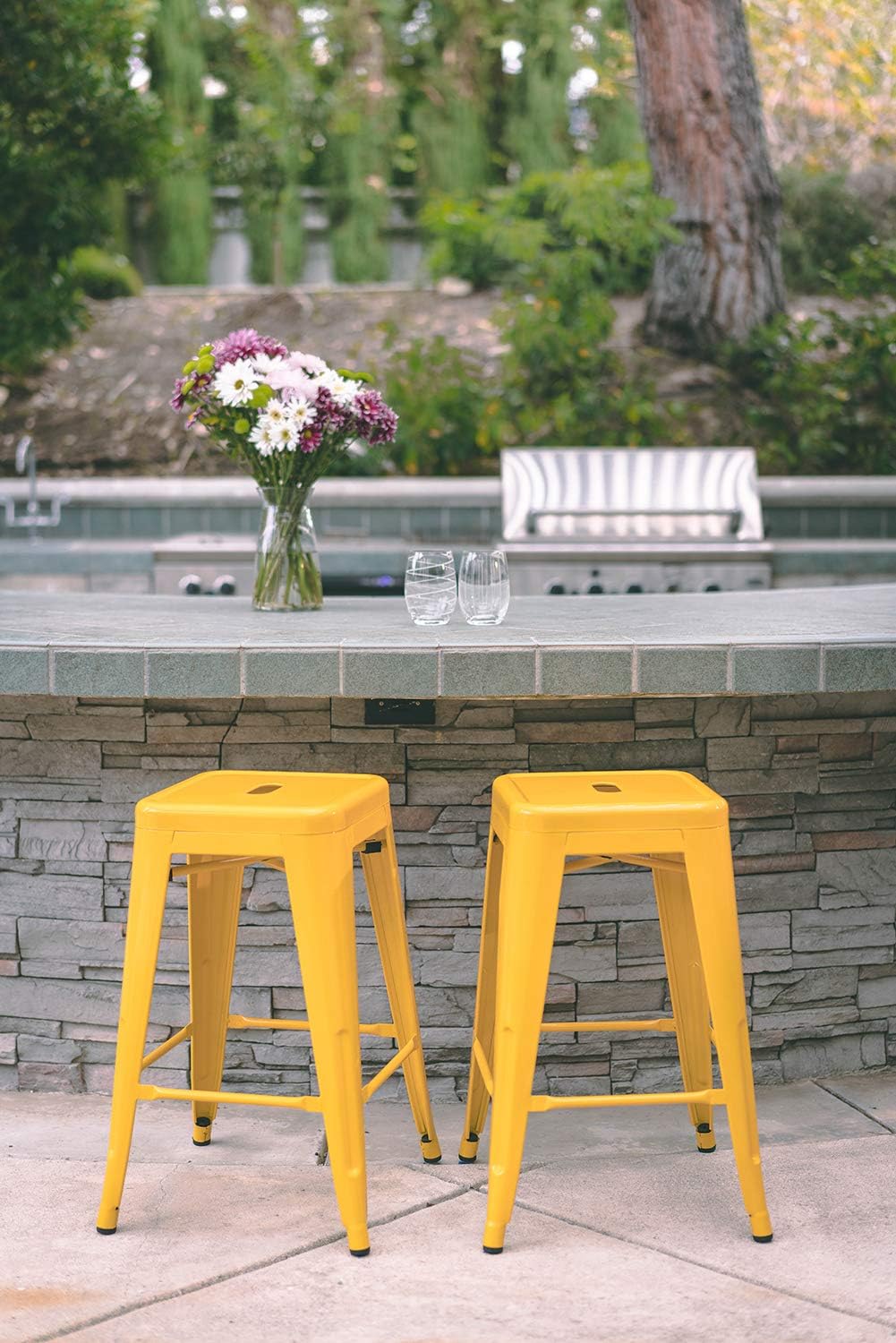 24" Yellow Square Seat Metal Bar Stools Set of 2