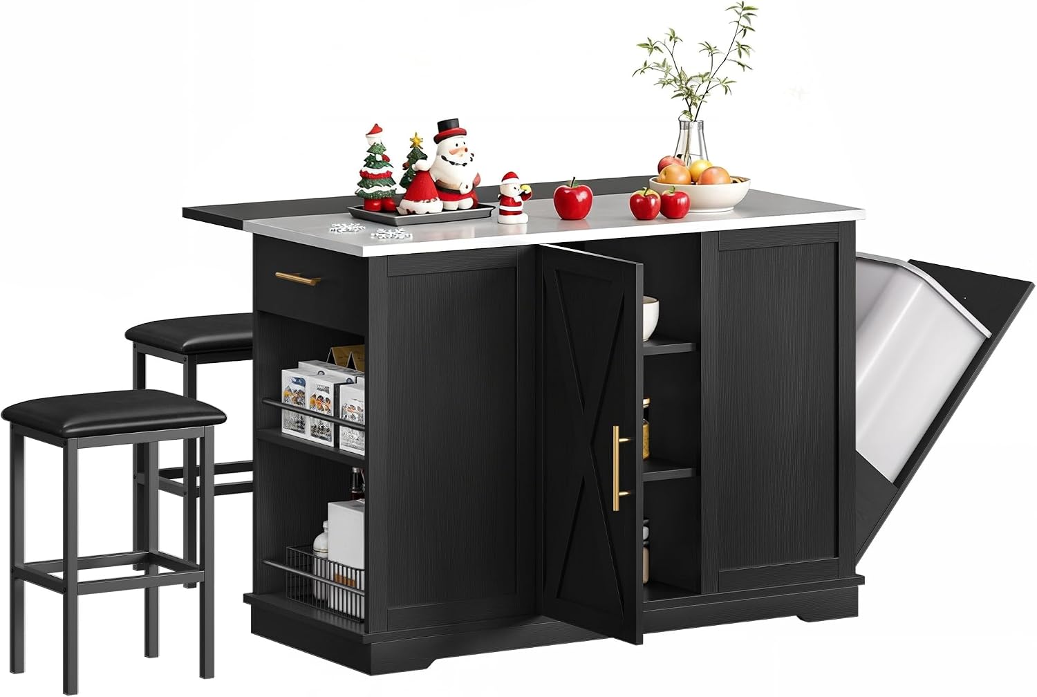 47" Black Mobile Kitchen Island with Stools