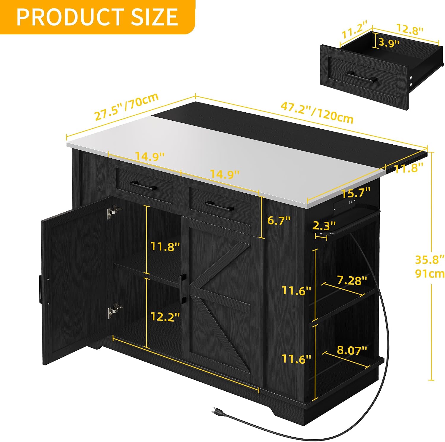 47" Black Stainless Steel Rolling Kitchen Island