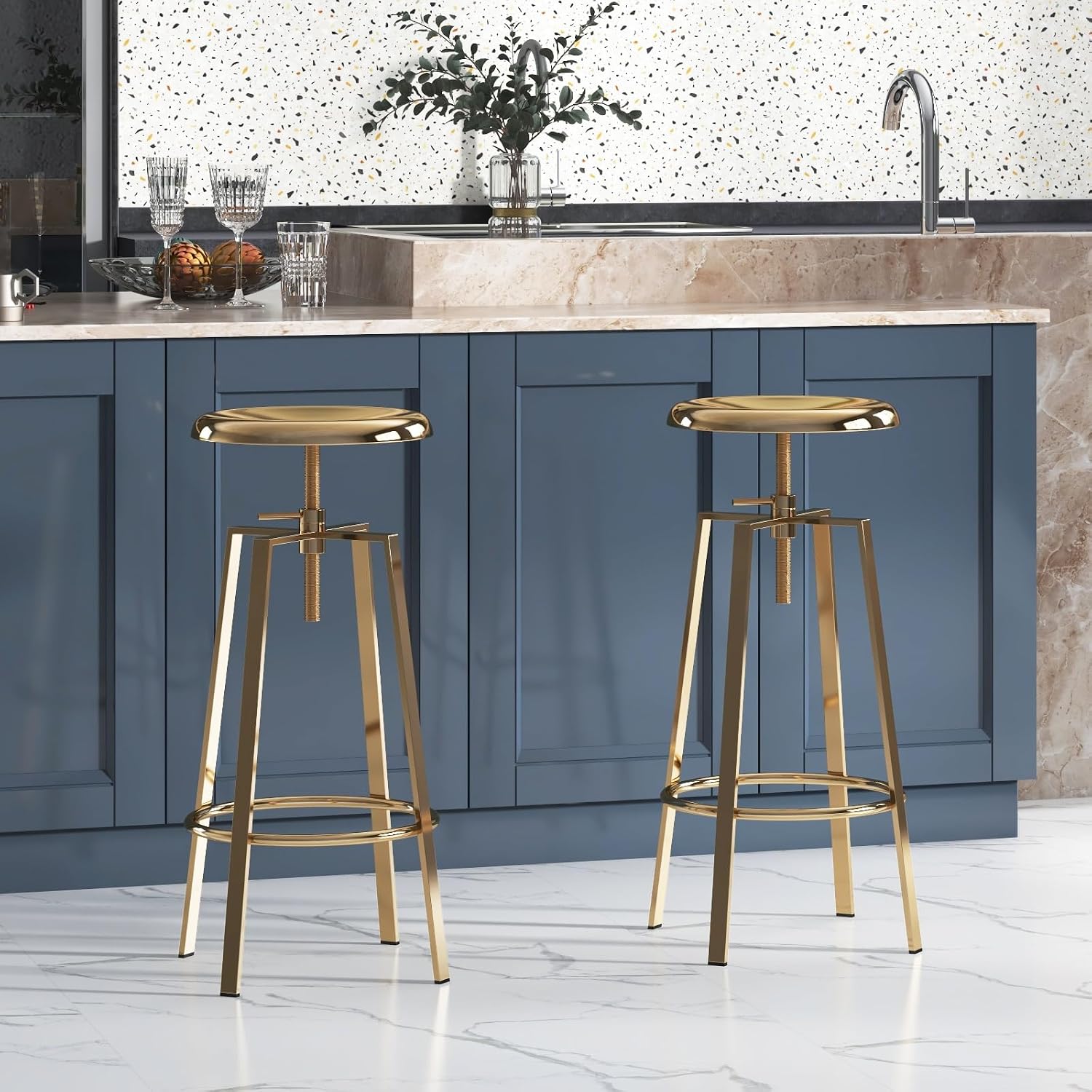 Gold Adjustable Swivel Metal Bar Stools Set of 2