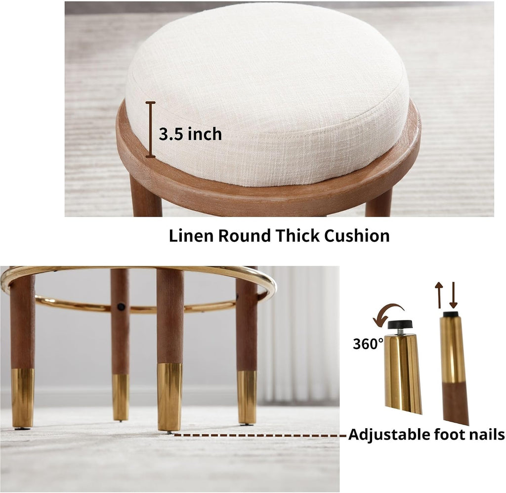 26" Beige Linen Round Farmhouse Bar Stools Set of 2