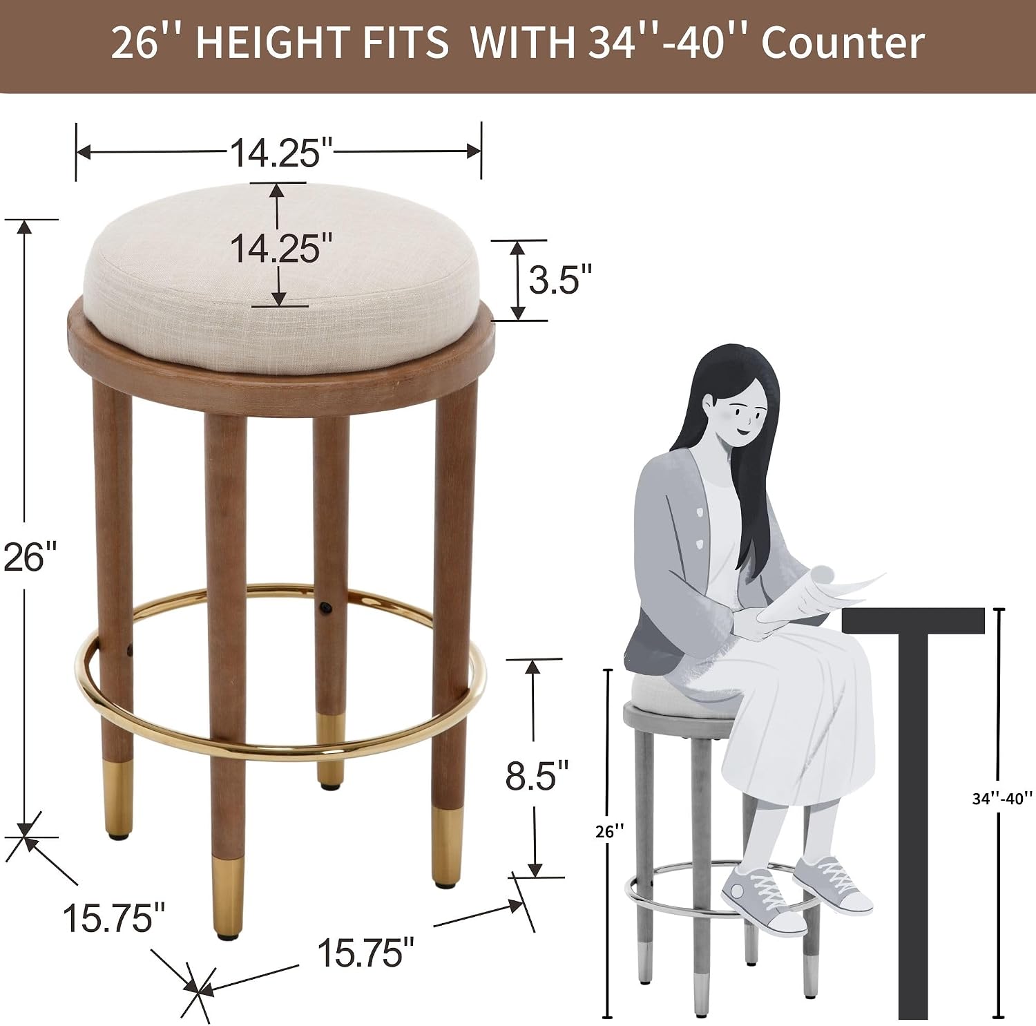 26" Beige Linen Round Farmhouse Bar Stools Set of 2