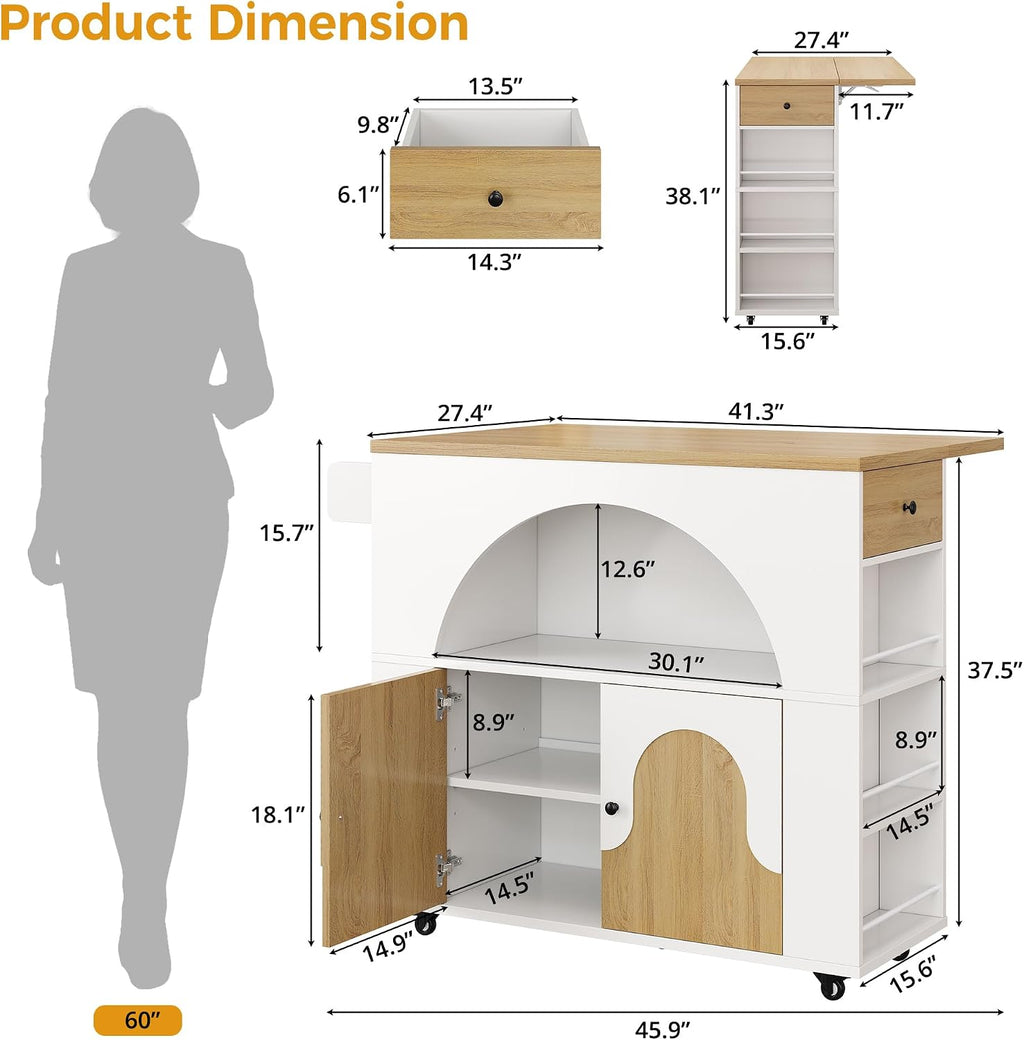 41.3" White Natural Kitchen Island With Drop Leaf