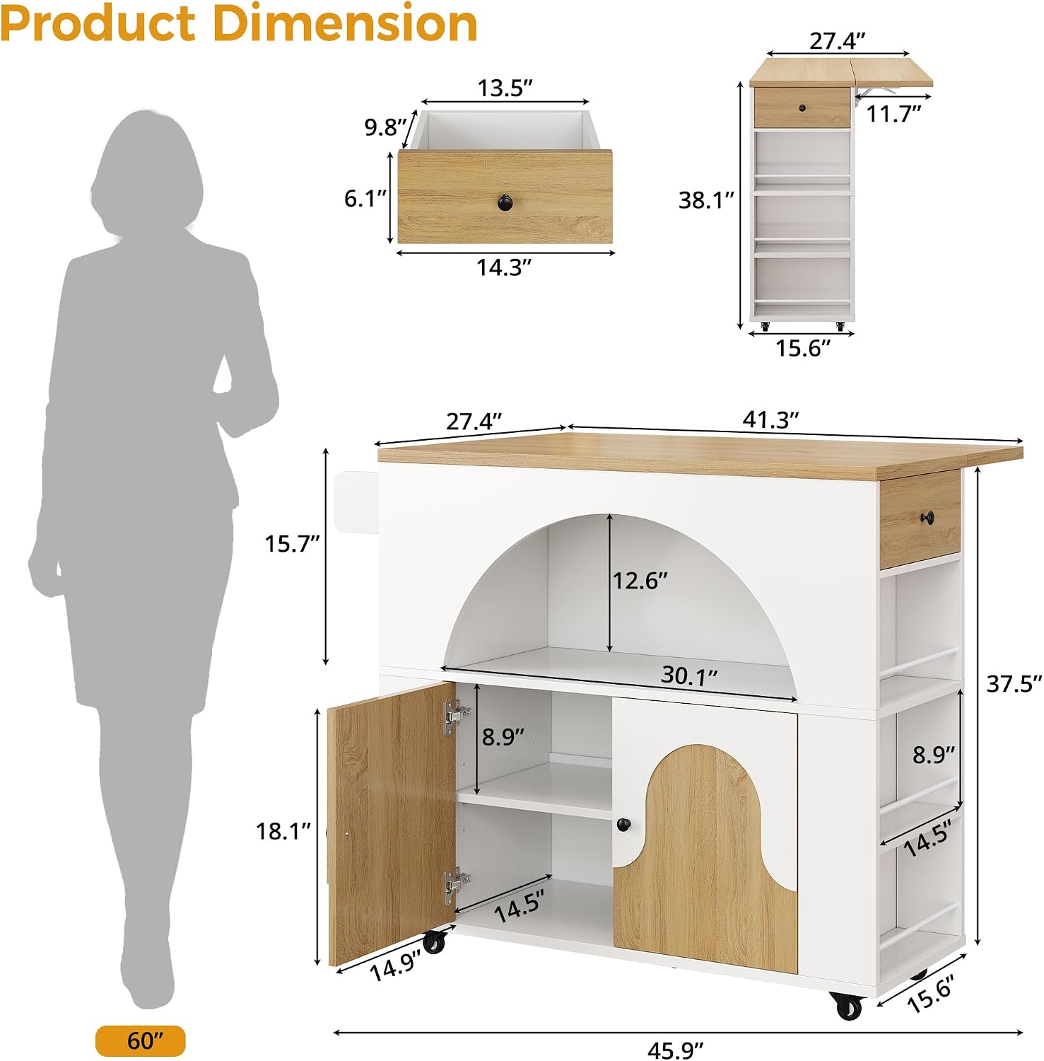 41.3" White Natural Kitchen Island With Drop Leaf