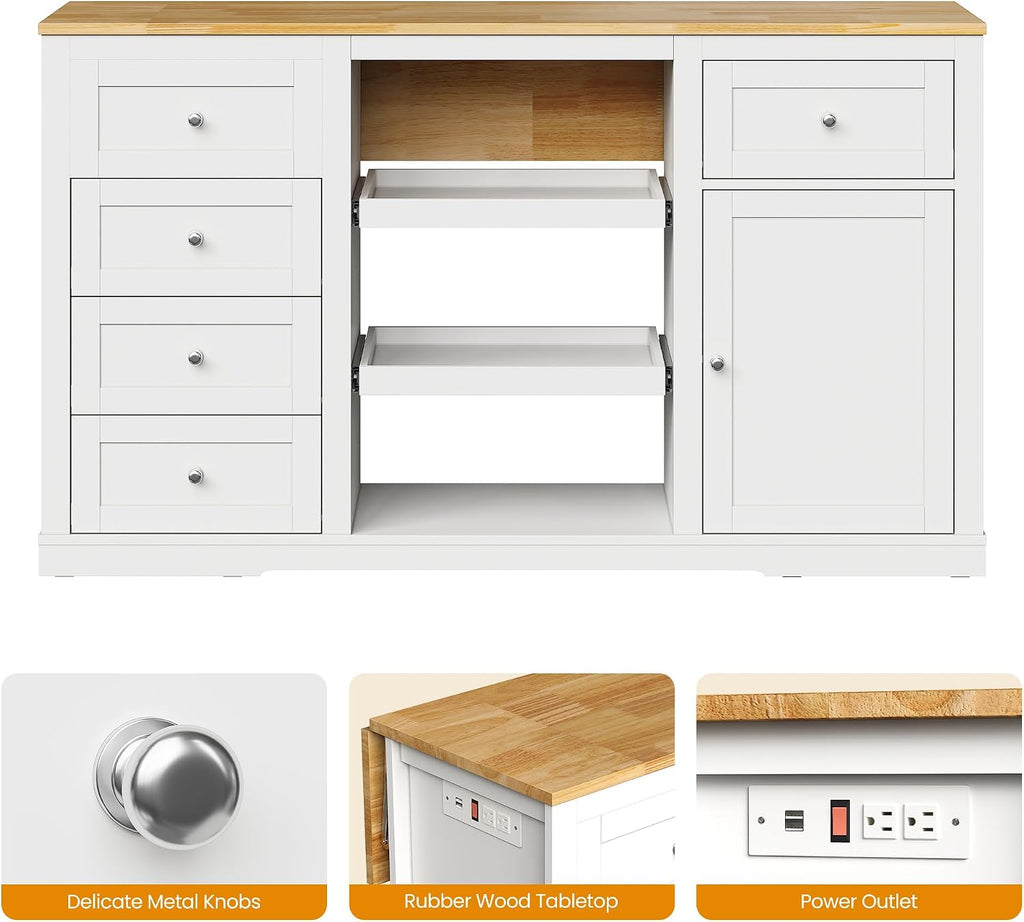 59" White Rubberwood Kitchen Island With Drop Leaf