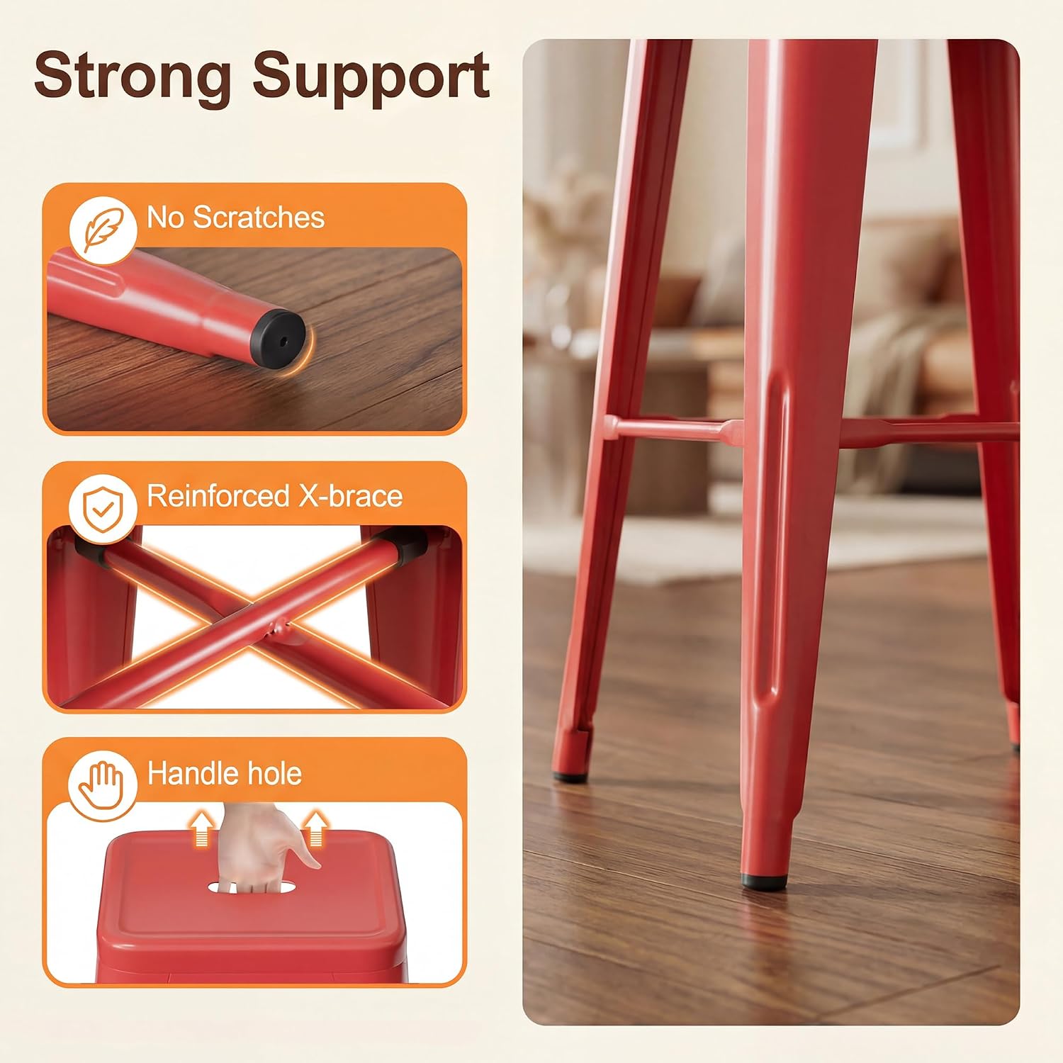 30" Red Stackable Backless Metal Bar Stools Set of 4