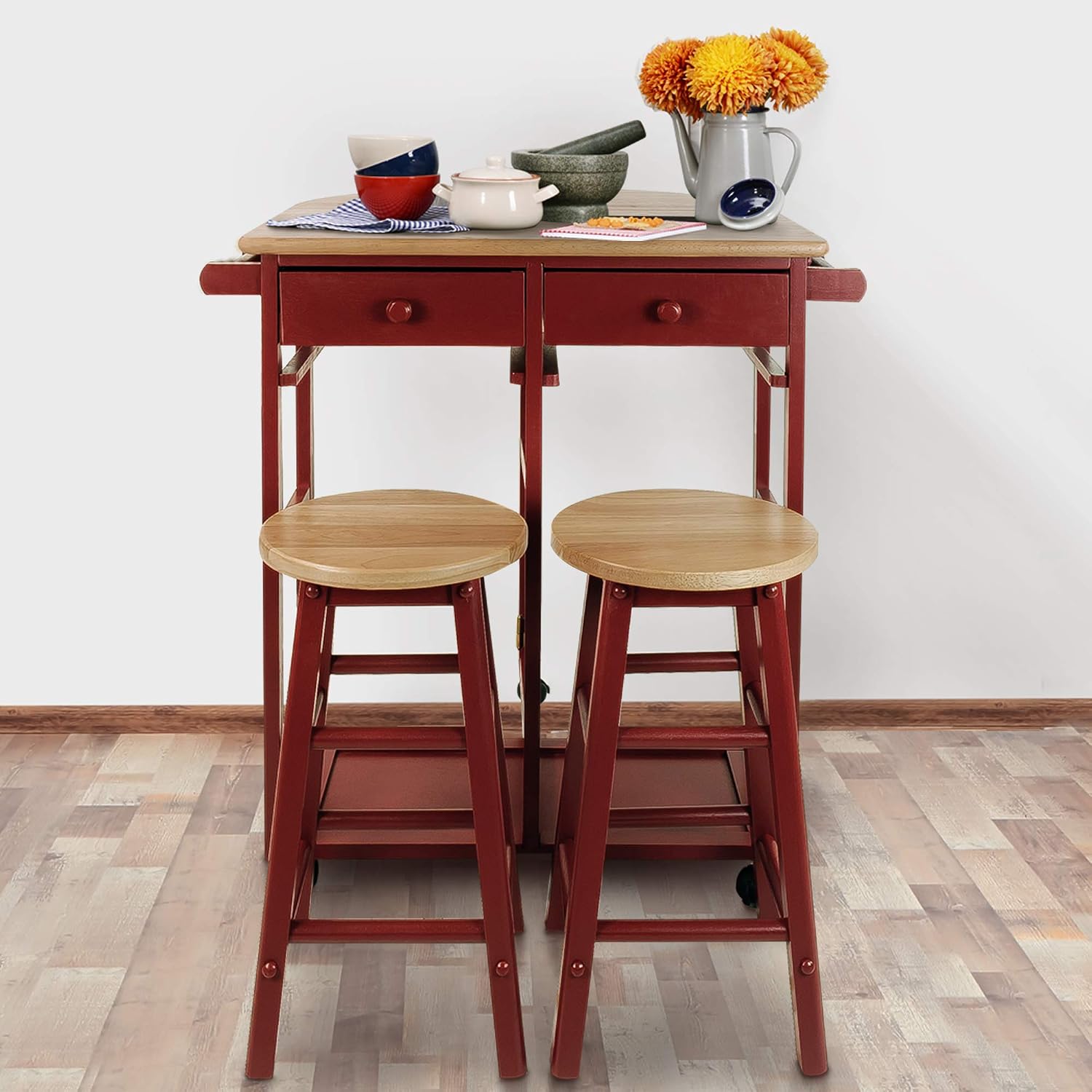 Red Drop Leaf Cart & 2 Stools