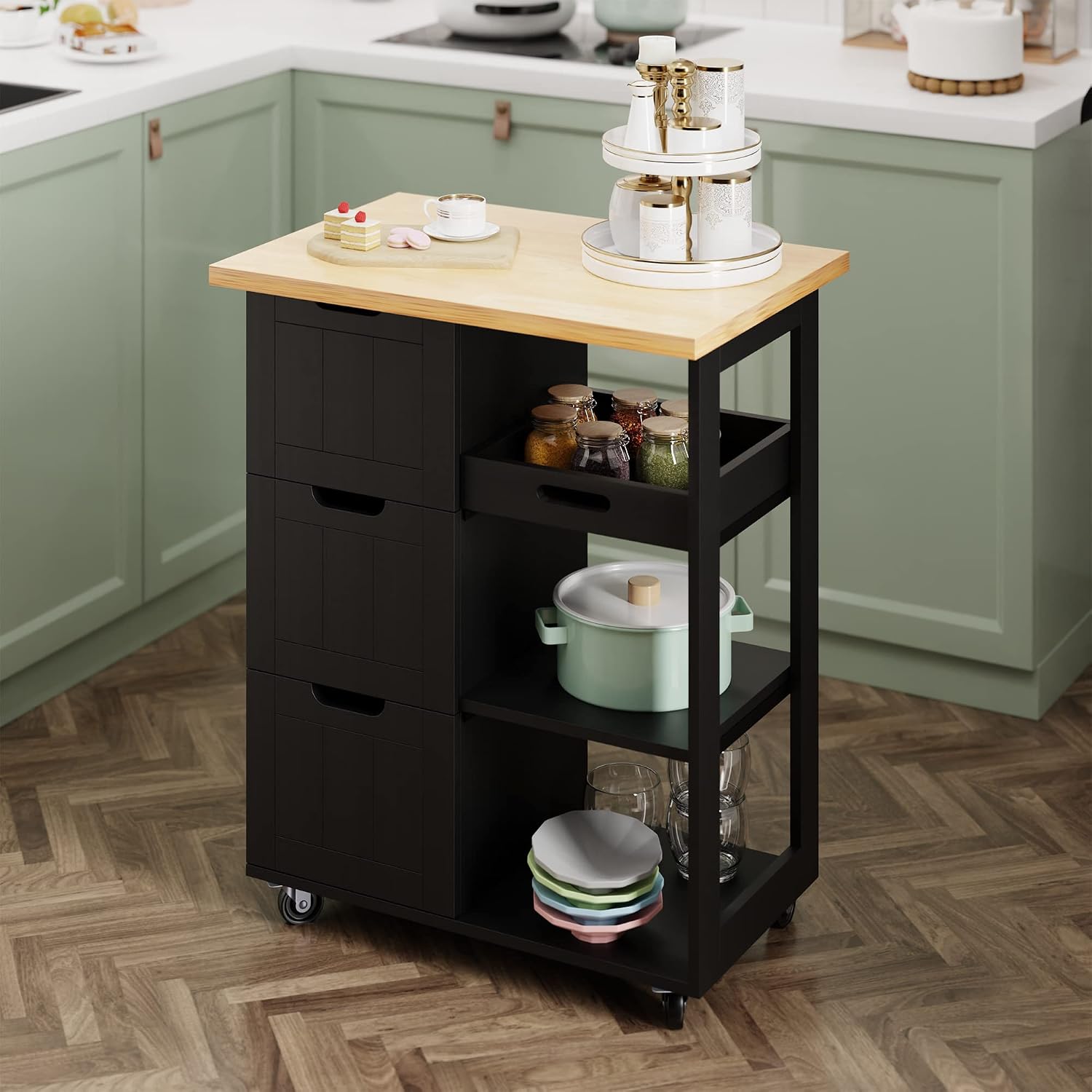 Wood Top Rolling Kitchen Island Storage Cart