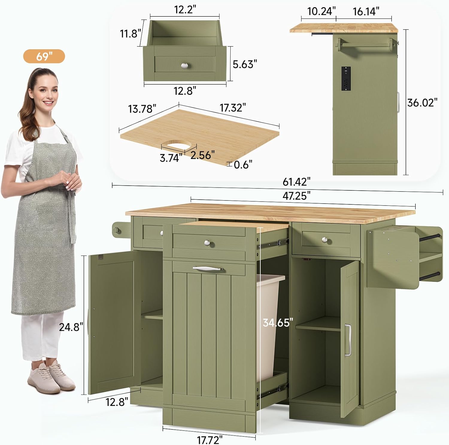 61" Green Rolling Kitchen Island Cart