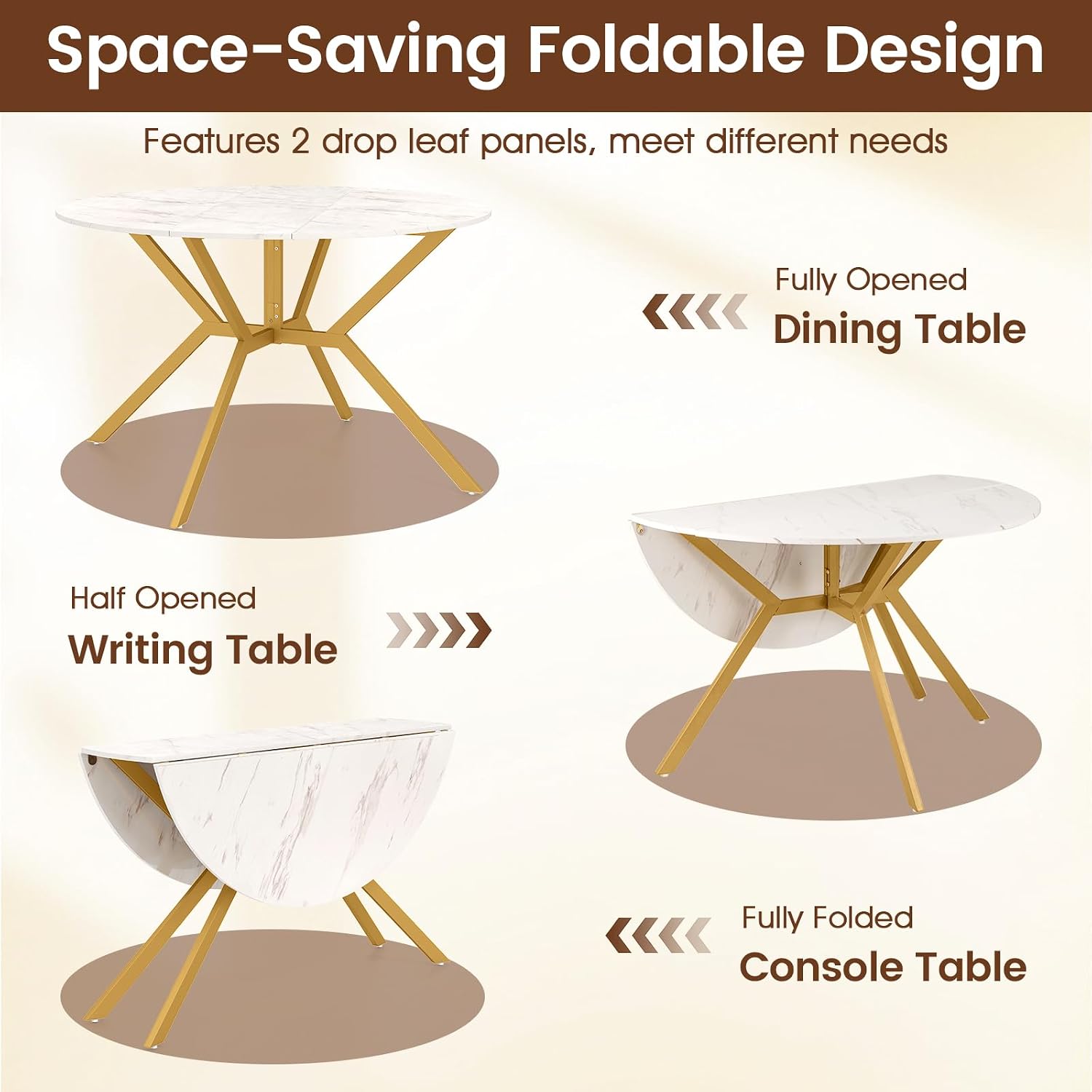 47" White Metal Frame Drop Leaf Round Dining Table Seats 4-6