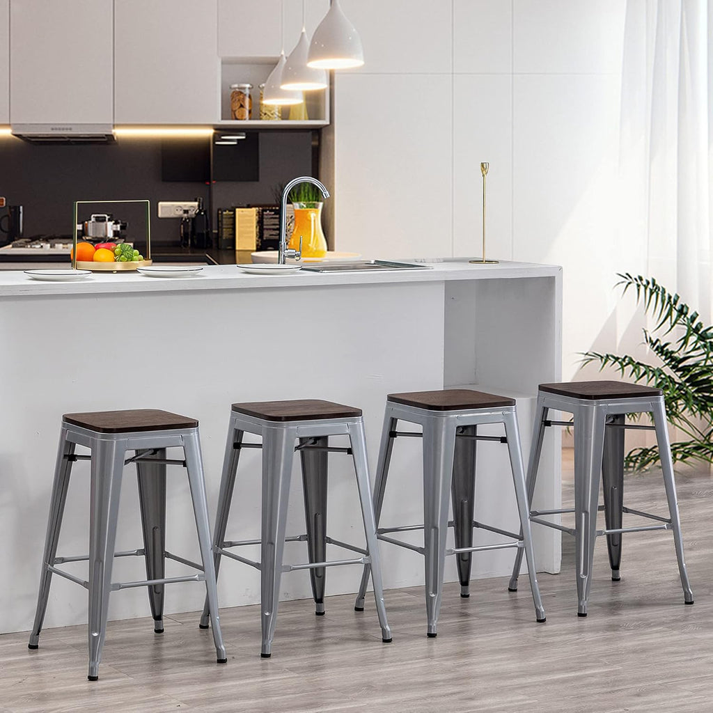 26" Silver Metal Wood Seat Stackable Bar Stools Set of 4