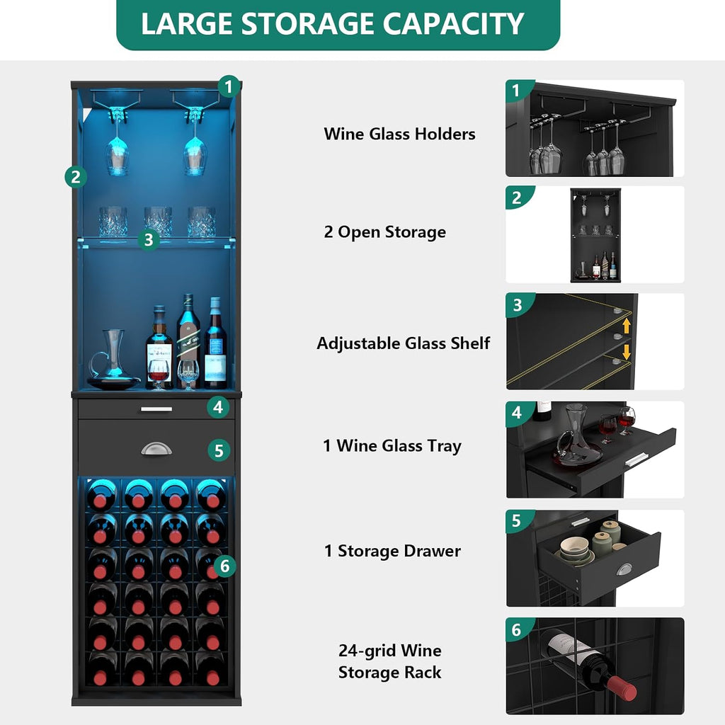 65" Black LED Wine Coffee Bar Cabinet