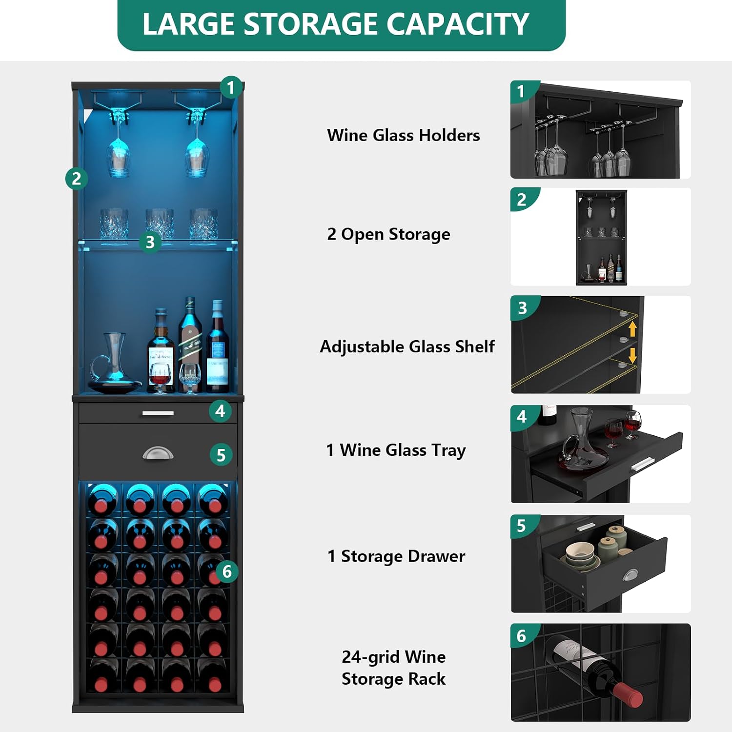 65" Black LED Wine Coffee Bar Cabinet