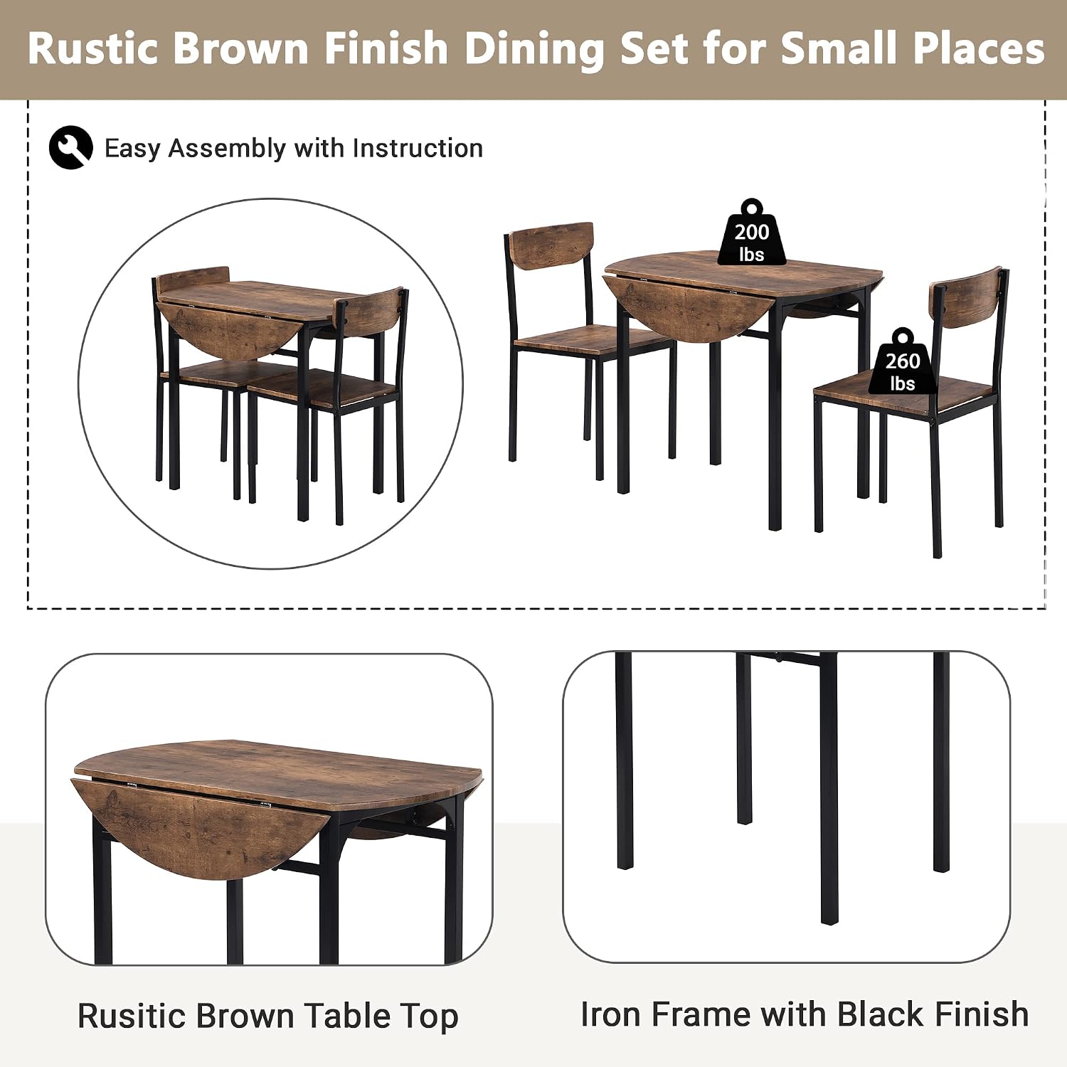 Rustic Brown 3pc Foldable Dining Set