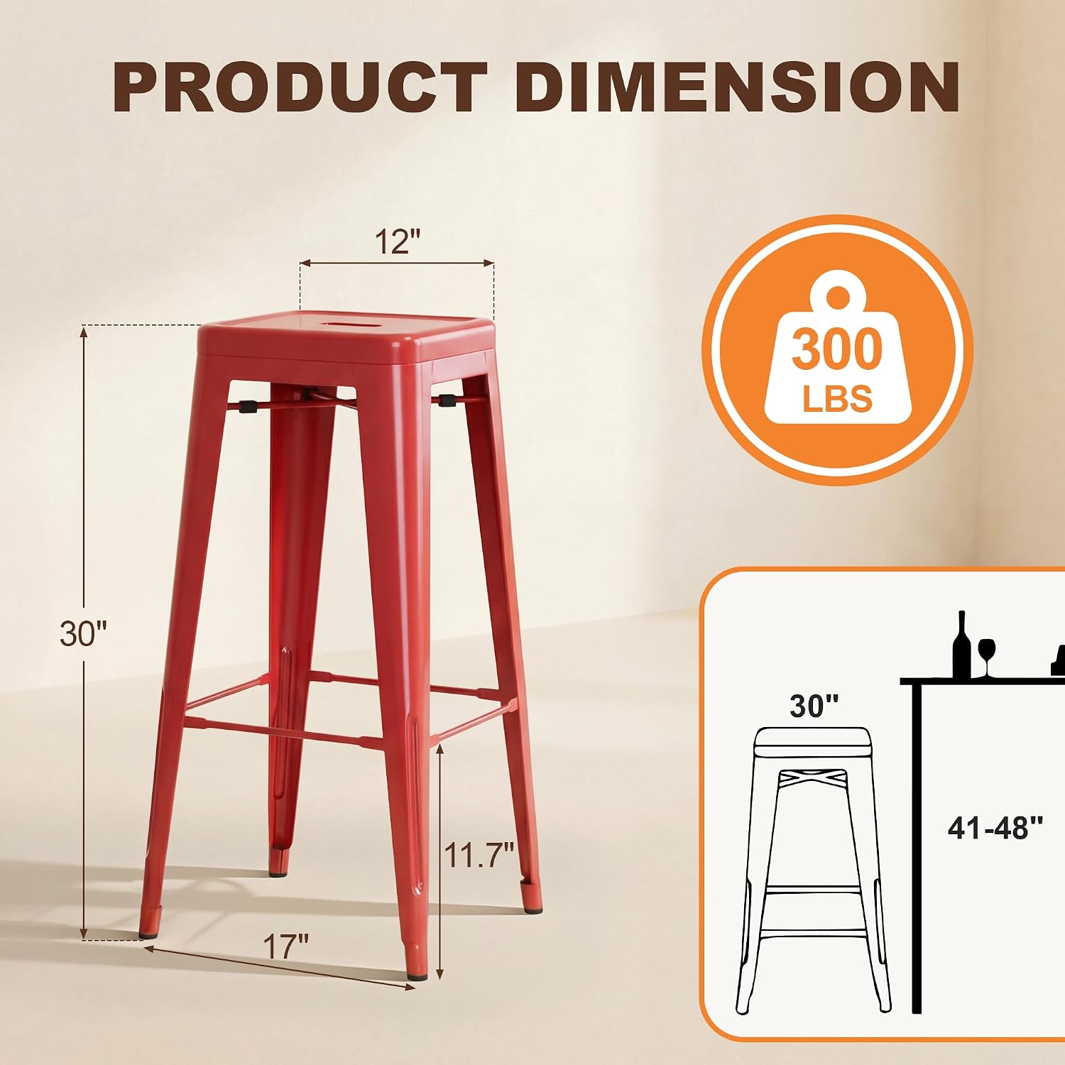 30" Red Stackable Backless Metal Bar Stools Set of 4