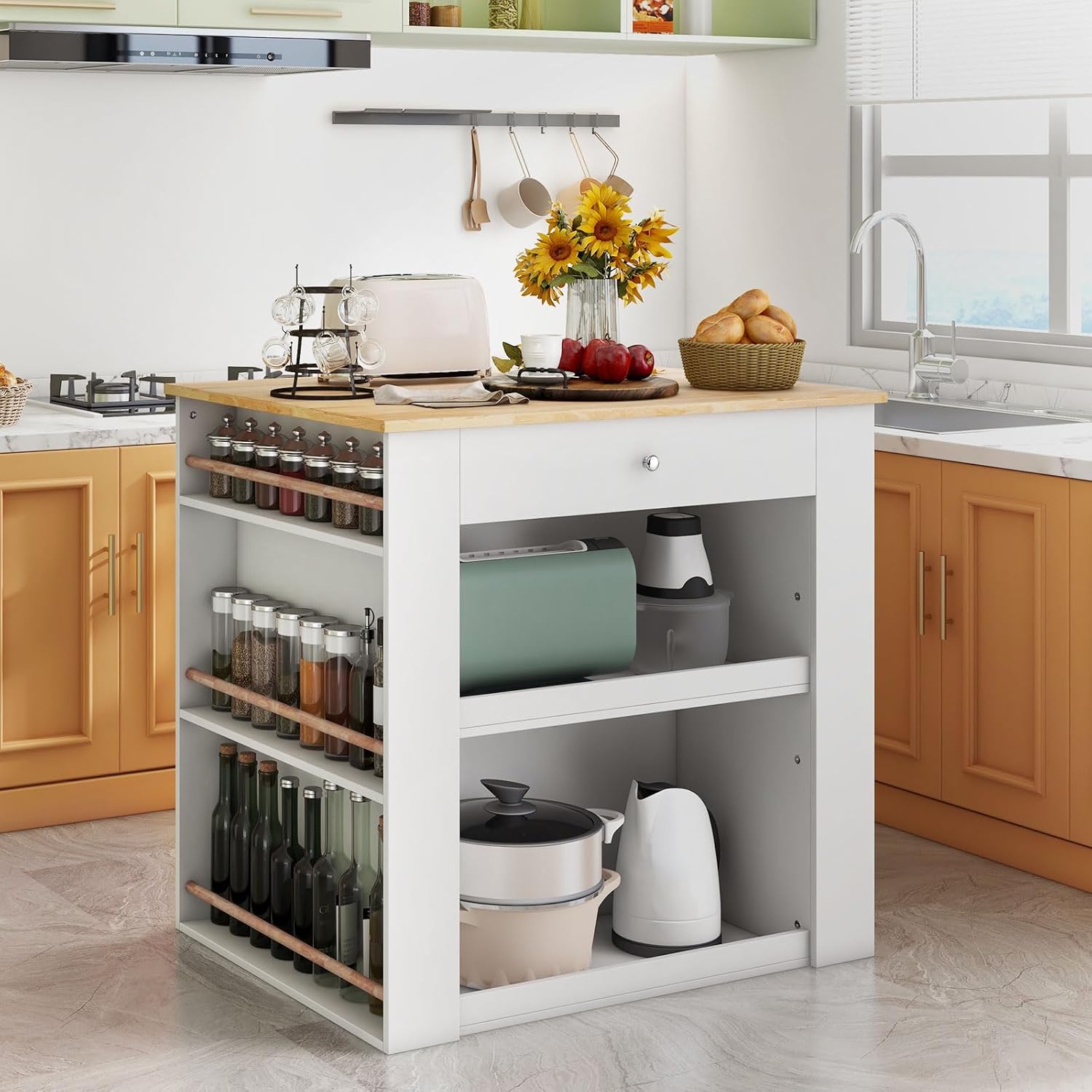 Rubberwood Top Storage Kitchen Island Cabinet