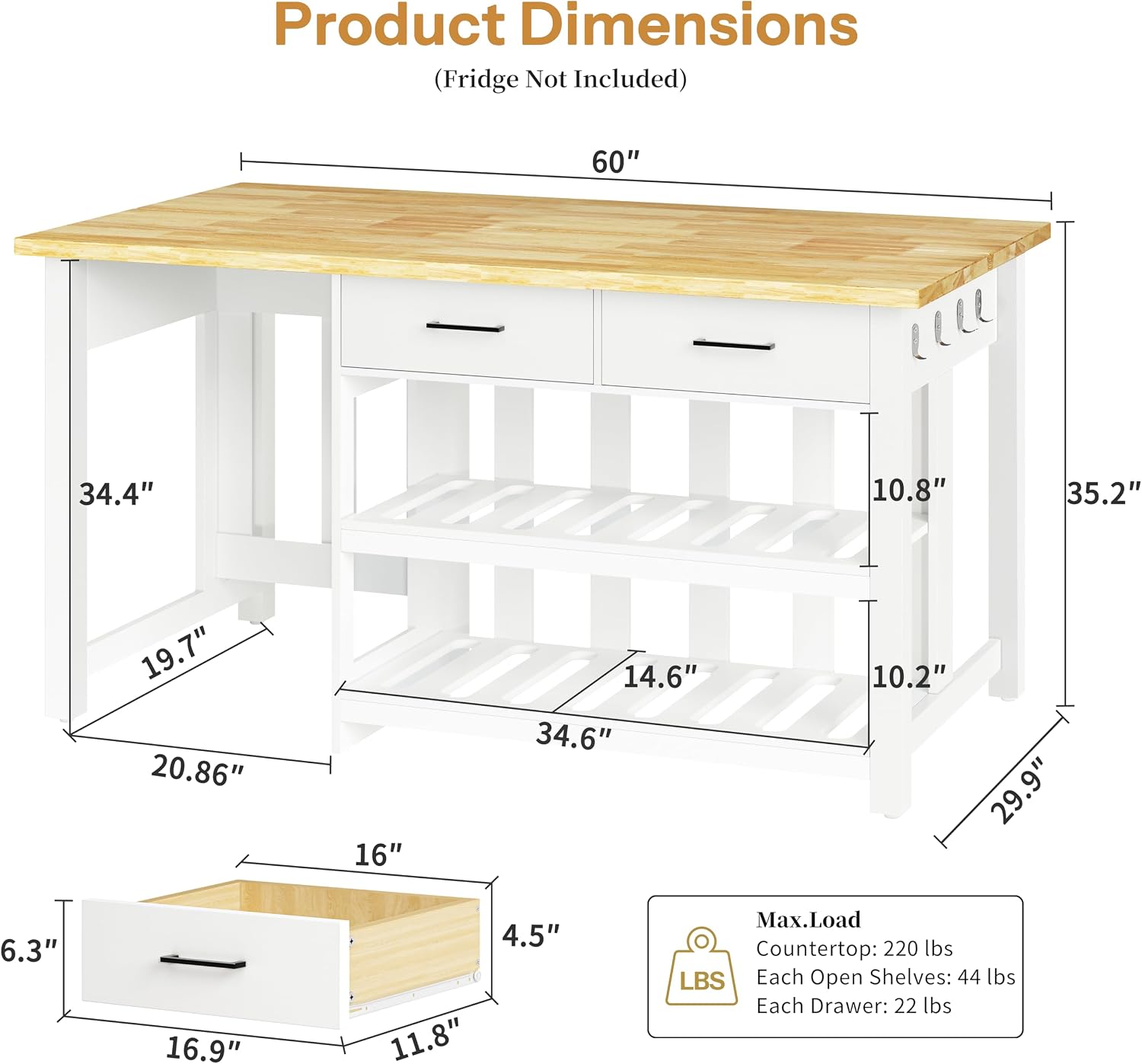 60" White Rubberwood Kitchen Island with Storage