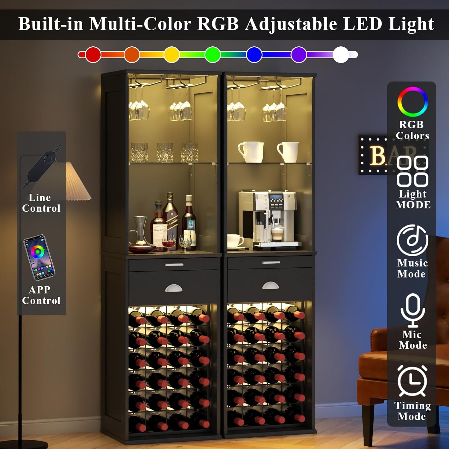 65" Black LED Wine Coffee Bar Cabinet