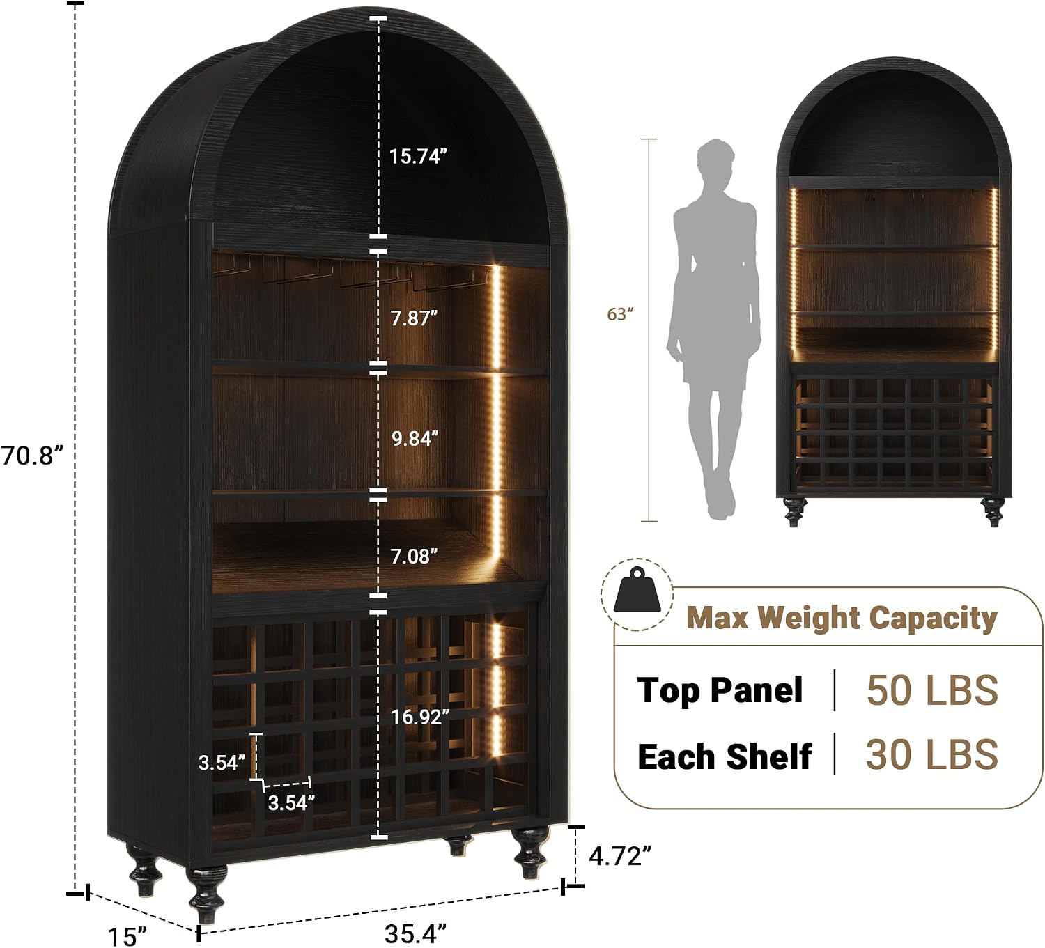 71" Black LED Arched Wine Coffee Bar Cabinet