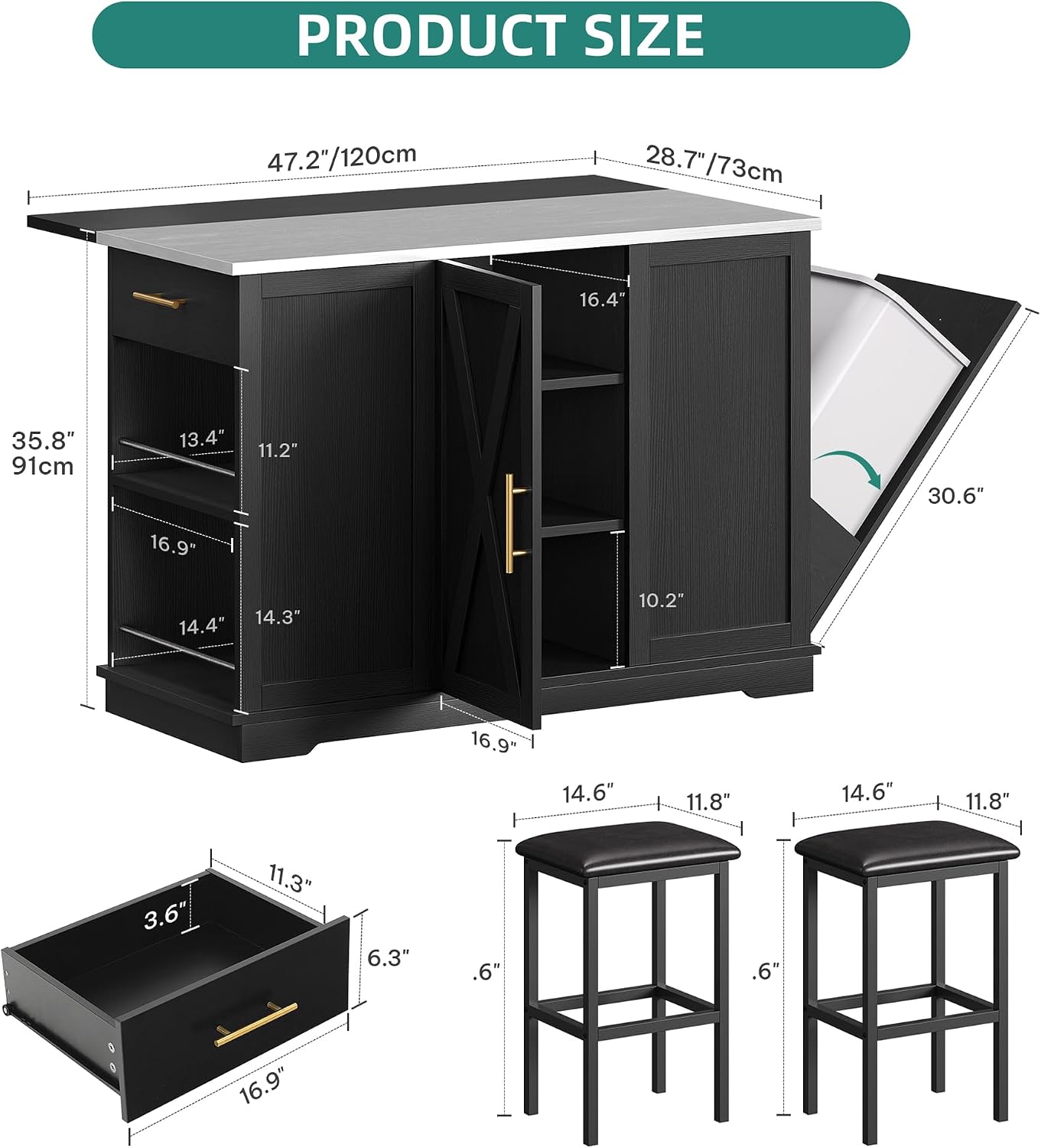 47" Black Mobile Kitchen Island with Stools