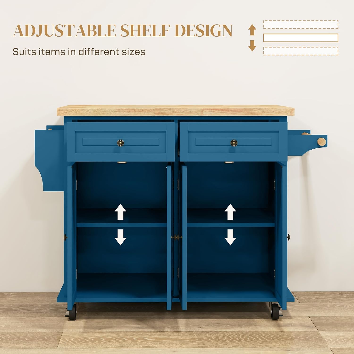 44" Turquoise Rolling Wood Top Kitchen Island Cart