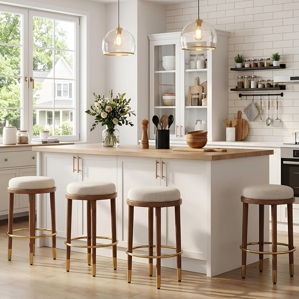 26" Beige Linen Round Farmhouse Bar Stools Set of 2